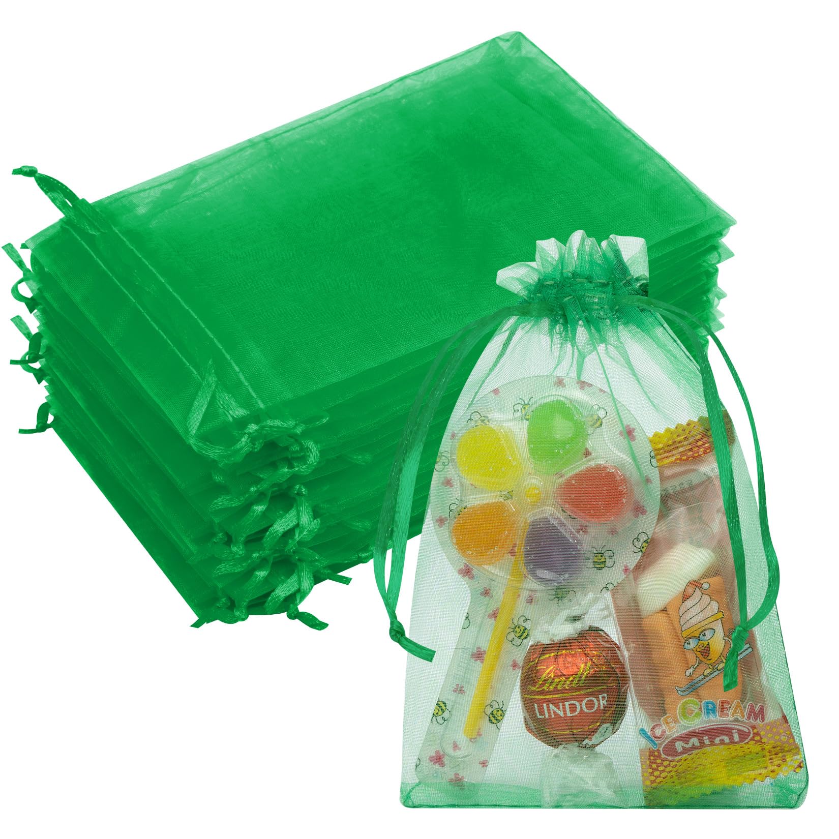 50PCS Green Organza Bags 4x6, Small Gift Bags Mini Mesh Pouches Cute Drawstring Baggies for Packaging Jewelry Candy Sachet Treats Birthday Wedding Halloween Christmas Party Favors Gifts Wrap