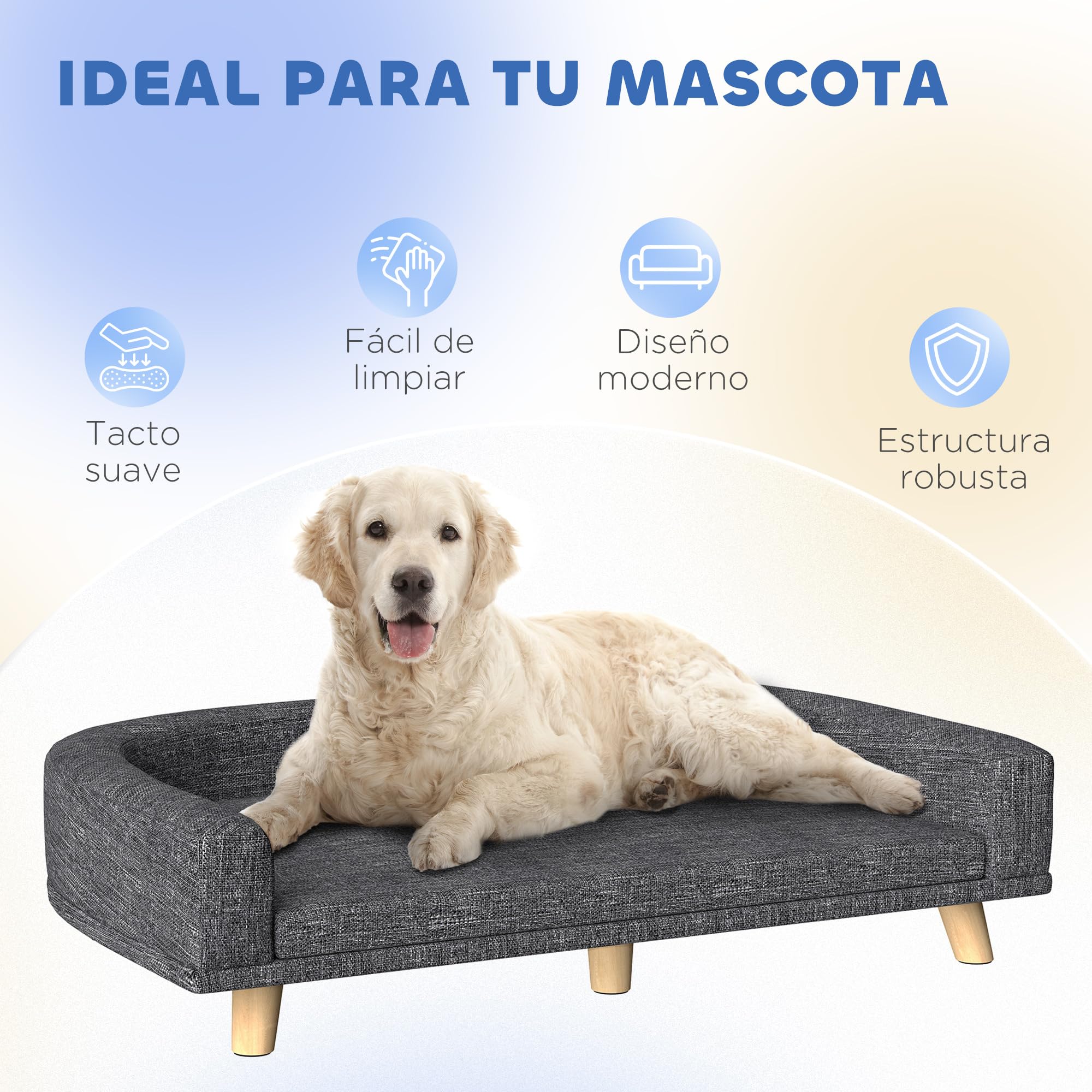 PawHut Sofá para Perros Grandes, 98x67x25 cm, Cama Elevada para Perros Tapizada con Cojín Lavable y Patas de Madera de Pino, Carga 40 kg, Gris Oscuro