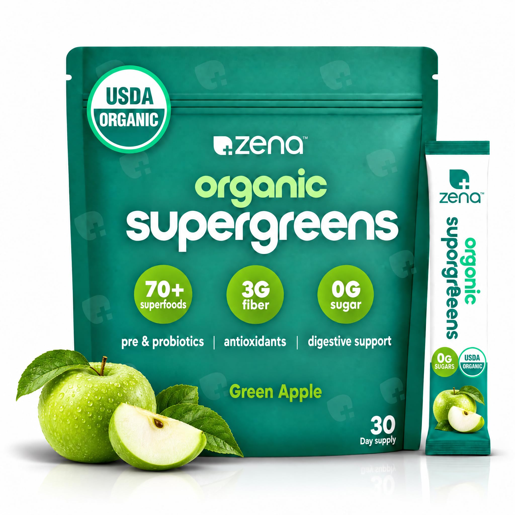 Zena Nutrition Organic Super Greens Powder, 70+ Superfoods, 0 Sugar, 3g Fiber, Spirulina, Chlorella, Mushrooms, Prebiotics/Probiotics, Digestive Enzymes, Gut Health, Green Apple, 30 Drink Mix Packets