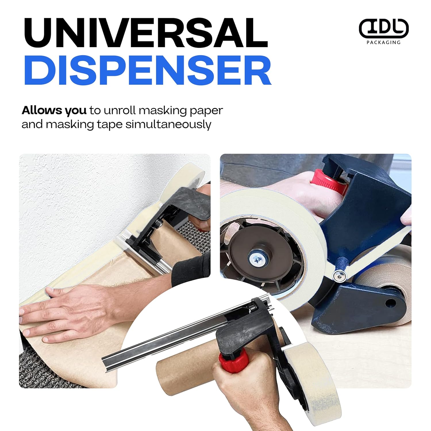 IDL Packaging Masking Kit - 9" x 60 Yards Brown Masking Paper (6 Rolls) & 1.41" x 60 Yards White Tape (6 Rolls) & Masking Paper/Tape Dispenser (Built-in Blade)
