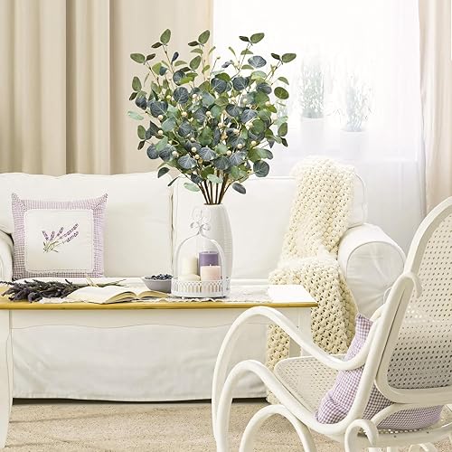 Miniatura 5 de unlemoni 6 tallos de hojas artificiales de eucalipto de otoño, decoraciones de otoño, ramas de eucalipto falsas de seda, hojas de otoño para