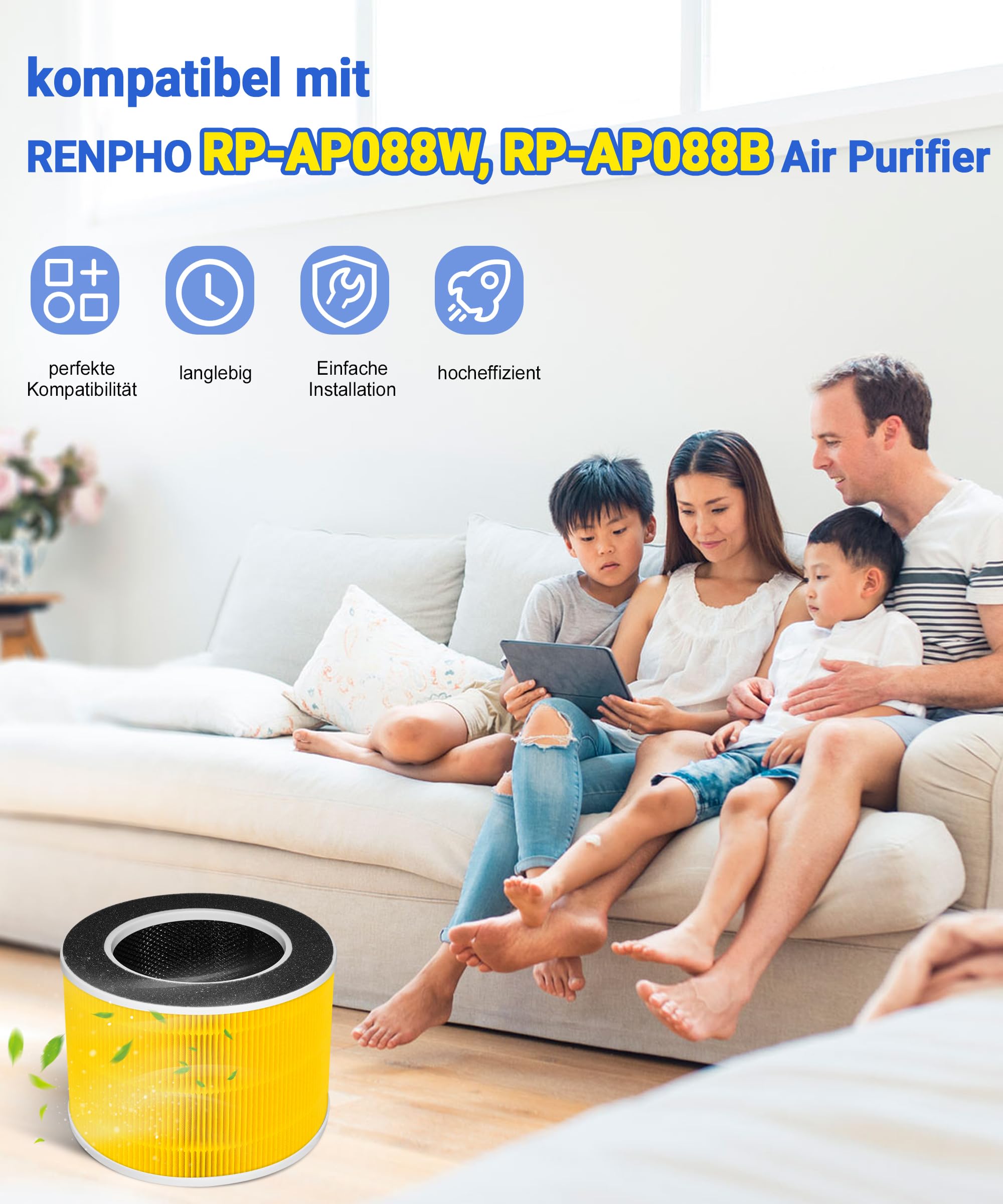 RP-AP088-F1 Ersatz-Filter kompatibel mit RENPHO RP-AP088W, RP-AP088, RP-AP088B Luftreiniger, RP-AP088-F1 und RP-AP088-F2, 2-Pack H13 HEPA Aktivkohlefilter