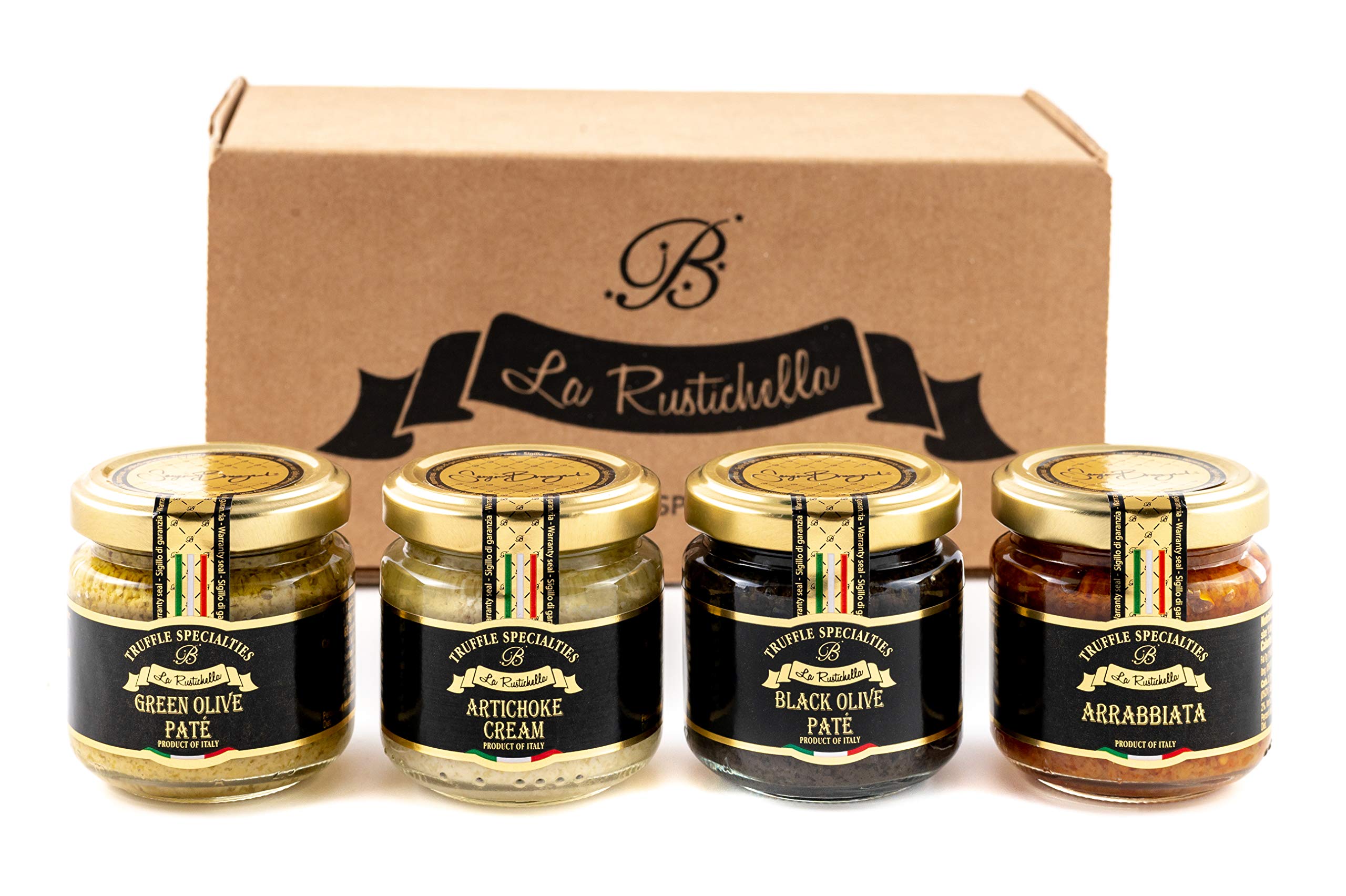 La Rustichella - Set Crème d'Artichauts 90g, Pâté d'Olives Vertes 90g, Pâté d'Olives Noires 90g et Pâté d'Arrabbiata 90g, Vegan, Sans Gluten, Sans Cholestérol - Délices Italiens