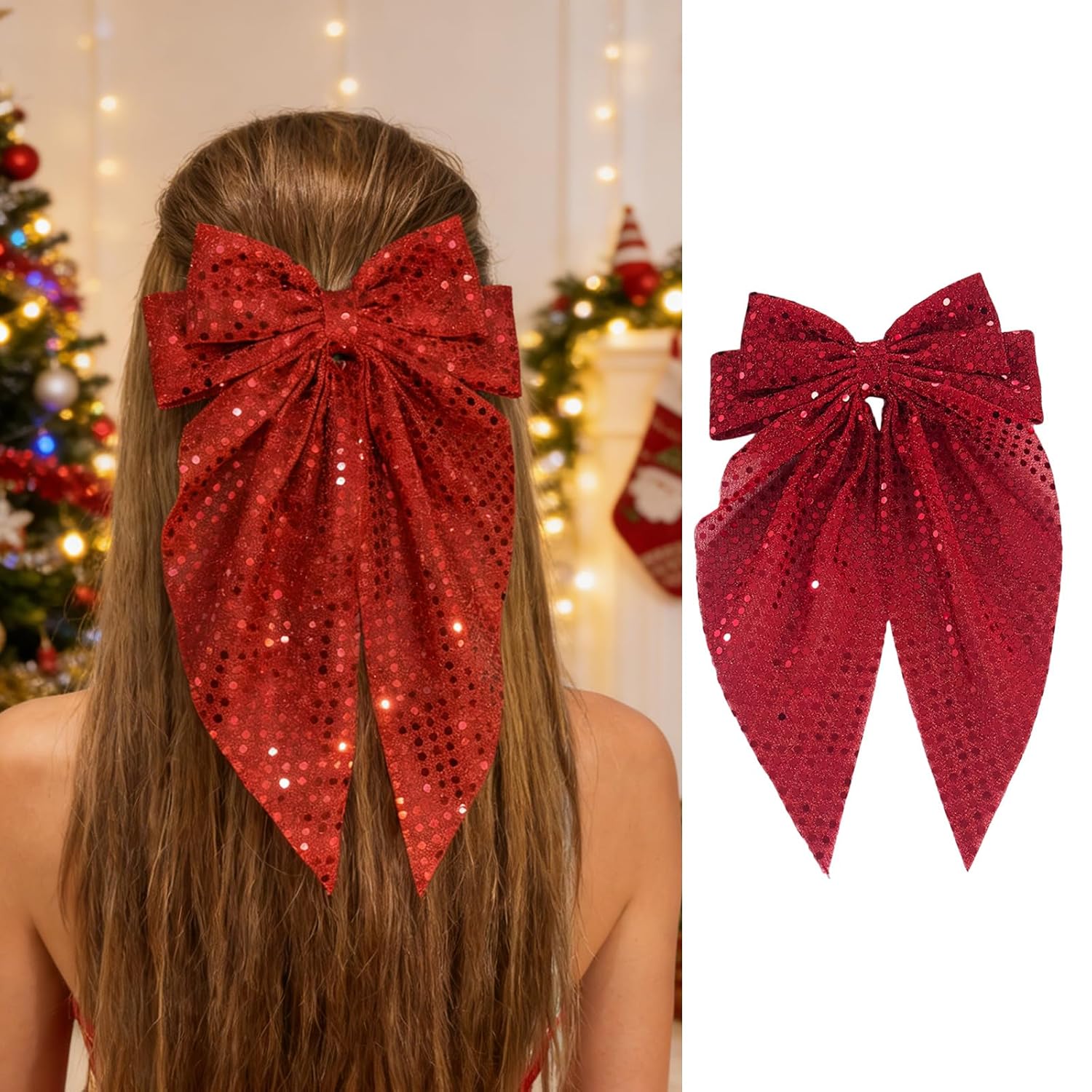 Christmas Hair Bows Clips 1Pcs Red Sequins Hair Clips Large Long Tail Bow Hair Clips Sparkling Bling Red Bowknot Hair Barrettes Cute Christmas Hair Accessories for Women Girls Party Hairstyle