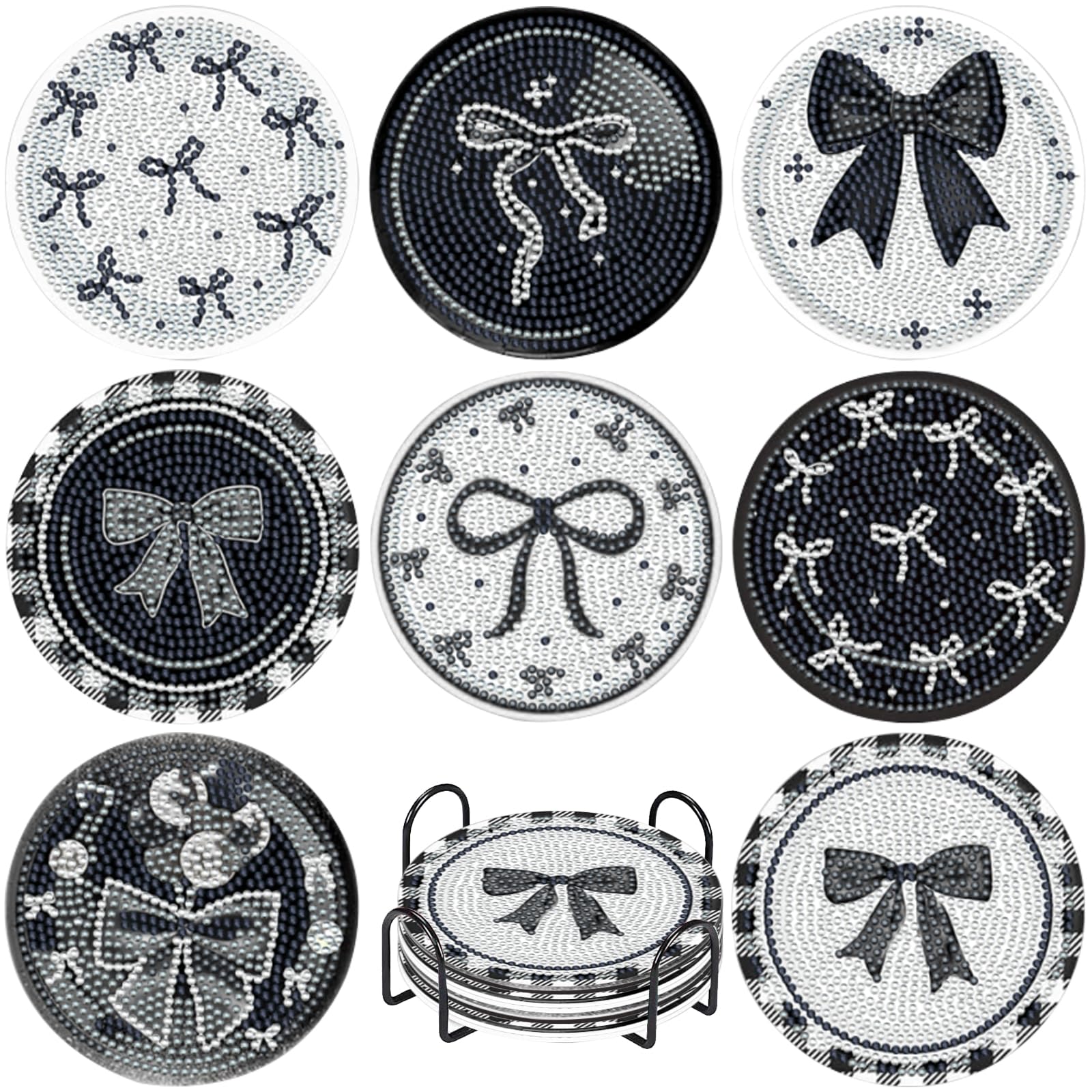 Vdesfueby Black 8 Pcs Diamond Painting Coasters, Bow Diamond Art Coasters, 5D Diy Full Drill Diamond Dots, Gem Art Kits For Adults