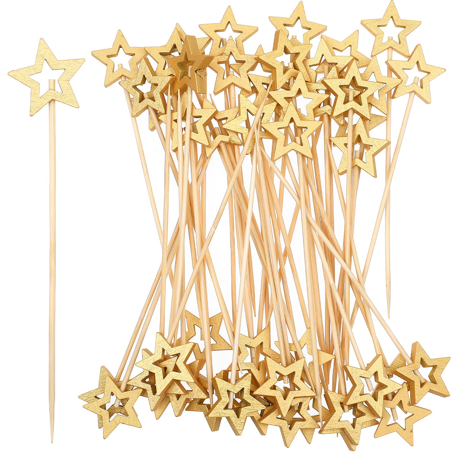 50PCS Gold Star Bamboo Cocktail Picks, 5.5 Inch Christmas Fancy Toothpicks for Appetizers, Long Decorative Cocktail Picks for Party Decoration, Appetizer Skewers for Charcuterie Sandwich Burgers Fruit