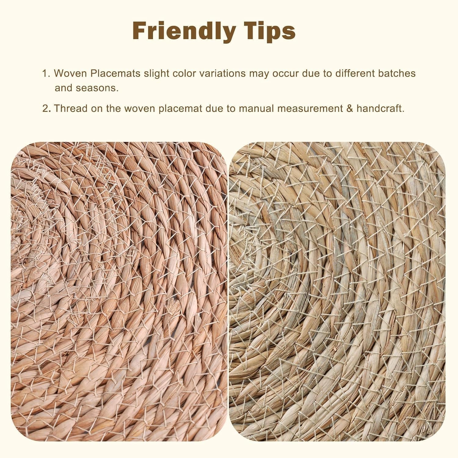 Boho Woven Placemats Set of 6 with Wooden Napkin Rings, 13" Natural Water Hyacinth Table Mats Charger Plates for Christmas Decorations, Thanksgiving, Rustic Dining & Home Decor