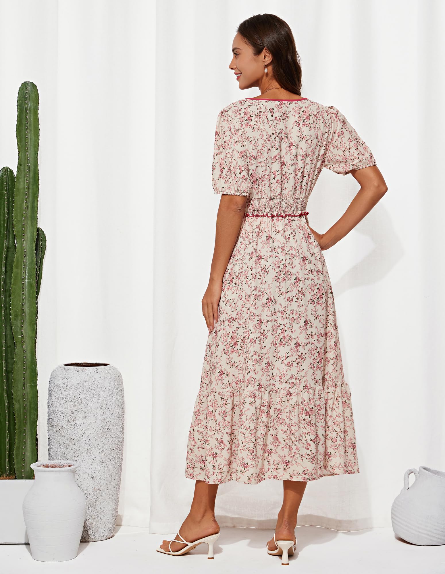 GRACE KARIN Damen Elegant Midi Blumenkleid Kurzarm V-Ausschnitt Elastischer Taille Sommerkleid