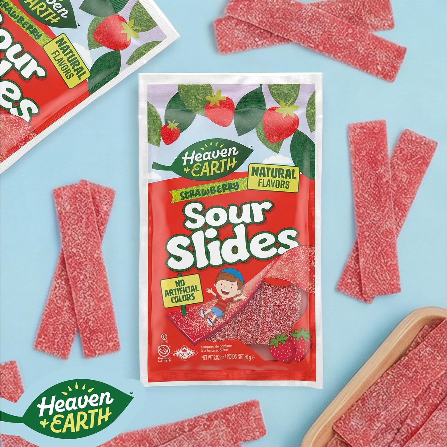 Heaven & Earth Strawberry Sour Slides Candy, 2.8 oz (18 Pack - 3LB) | Sour Belts | Natural Flavors, No Artificial Colors | Made with Real Fruit Juice | Chewy, Sour Candy Strip