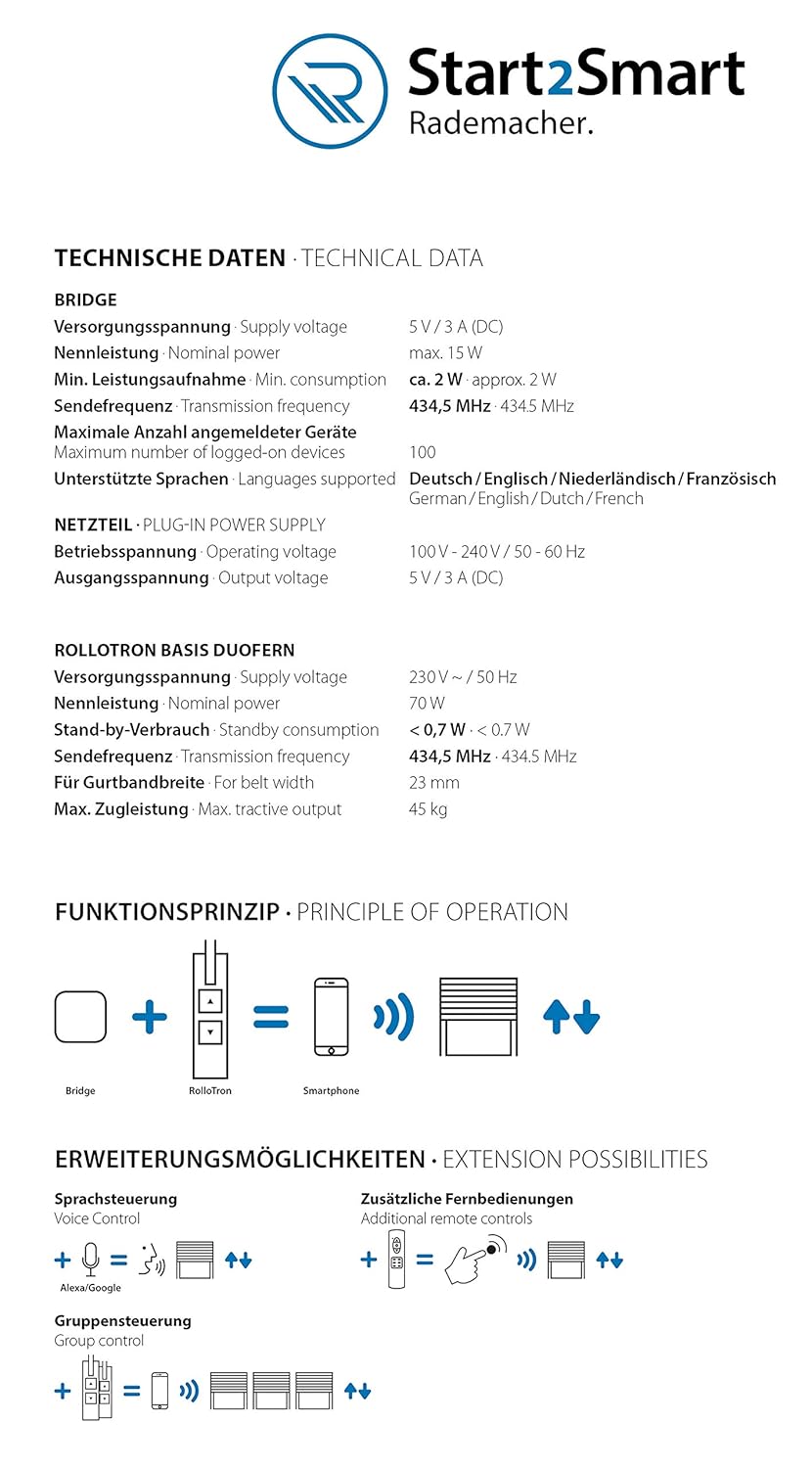 Technical data sheet for Rademacher Start2Smart Bridge and RolloTron Basis DuoFern, including supply voltage, power consumption, transmission frequency, and supported languages.