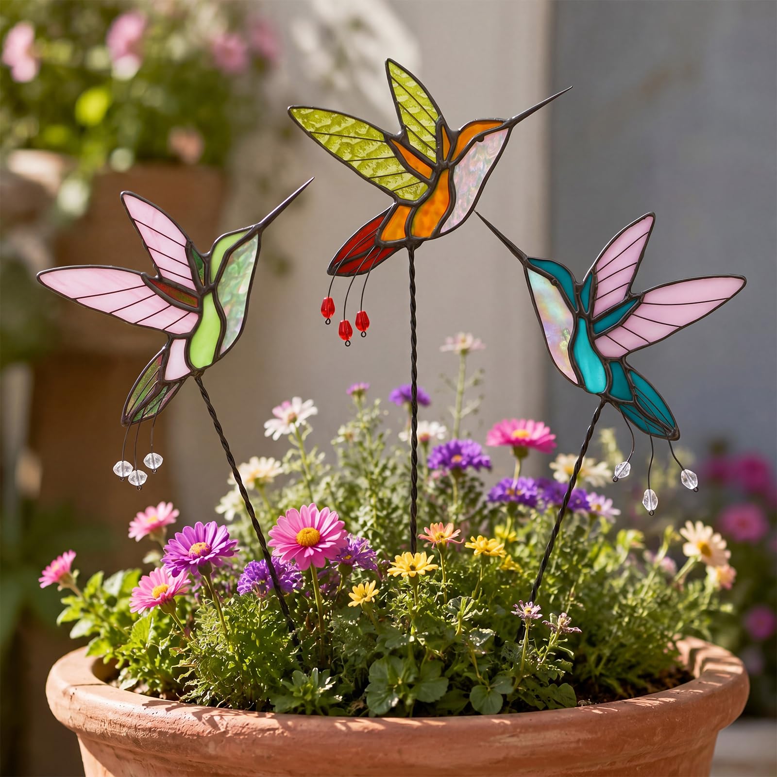 Photo 1 of ***DAMAGED*** Novabright Set of 3 Stained Glass Hummingbird Plant Stakes 9.8 x 4.7 Inch Handmade Bird Suncatcher Garden Decor Pot Ornaments Housewarming Decor Gifts for Mom Grandma Women Plant Lovers