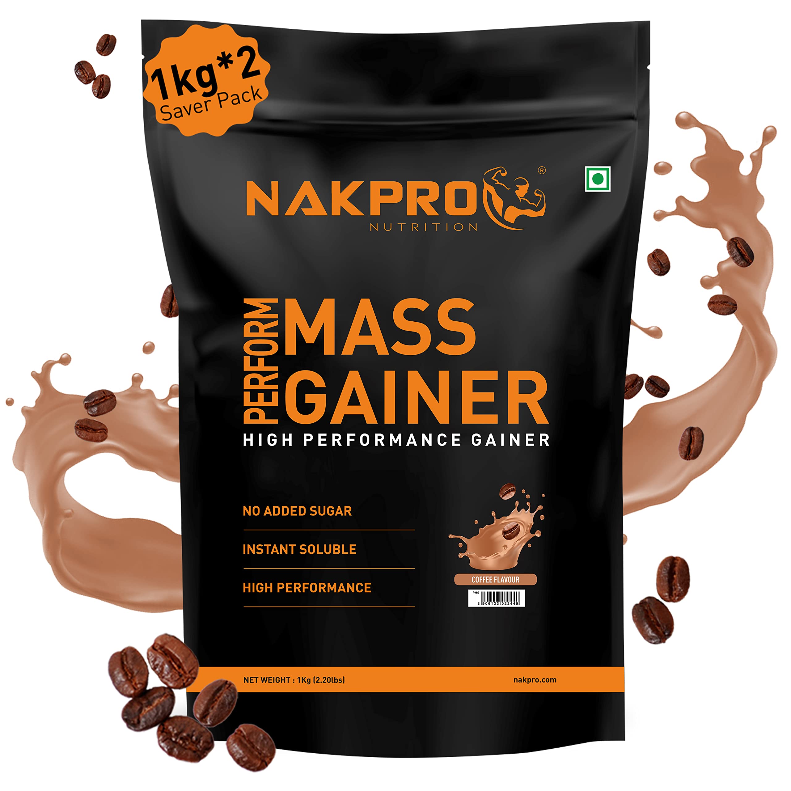 NAKPRO PERFORM MASS GAINER | High Protein & High Calorie | 15g Protein, 3.3g BCAA | Added Vitamins & Minerals | Easy Mixing, Easy Digesting Mass Gainer Powder for Men & Women | 2 Kgs (1 Kg*2 Nos) Coffee Flavour (20 Servings)