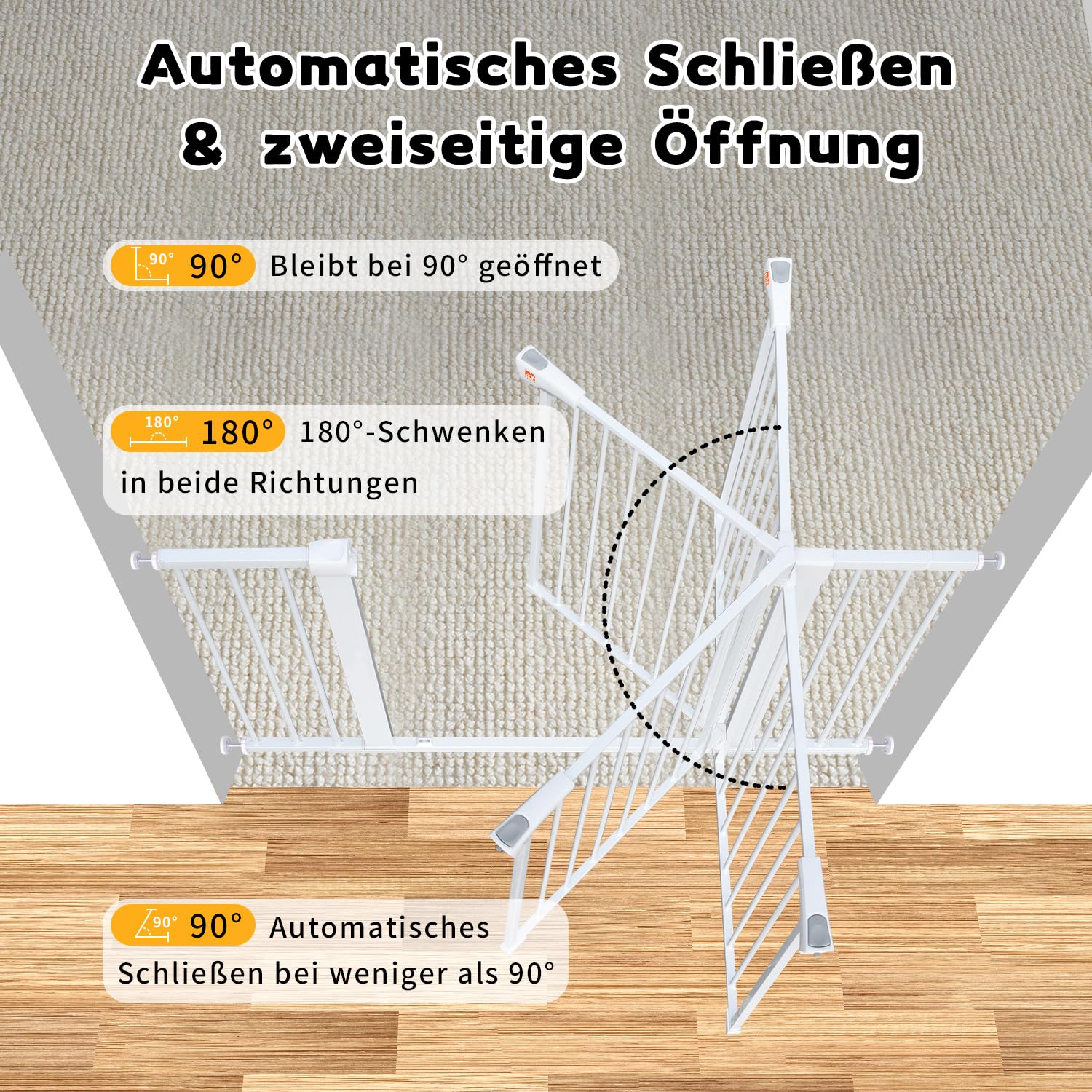 LAOYE cancelletto per bambini, Cancelletto per scale senza trapano, altezza extra alta 92 cm, larghezza 75-124 cm con 3 estensioni, per bambini, cani gatti, chiusura automatica arresto a 90°-Bianco