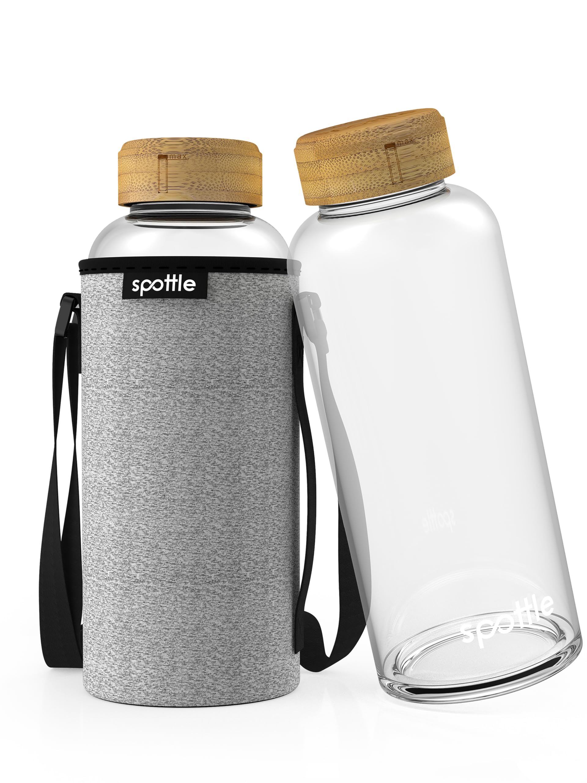 spottle Gourde Verre 1,5L – Bouteille en Verre Borosilicate Réutilisable Sans BPA, Étanche, Compatible Lave-Vaisselle avec Housse de Protection Gris