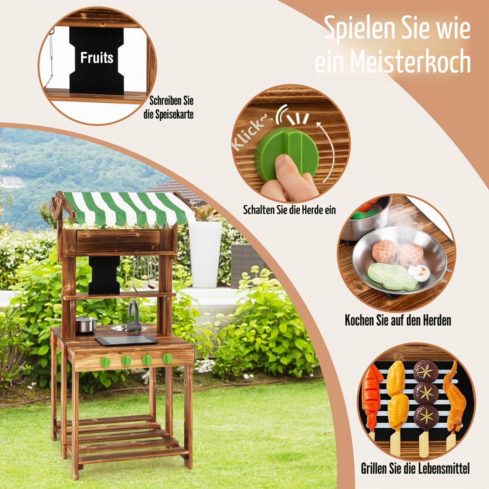 DREAMADE Matschküche Kinder Outdoor, Kinderküche mit Dach, Wasserhahn, Spüle, Tafel & Kindergrill, Doppelseitige Spielküche aus Tannenholz, Outdoor Küche für Jungen & Mädchen ab 3 Jahren