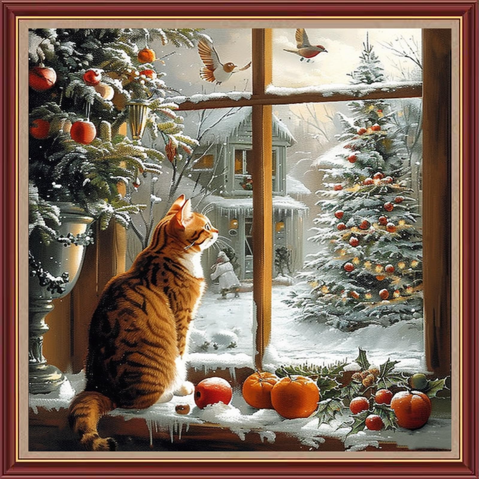 Fanxvivy Stamped Cross Stitch Kits for Beginners Full Range of Cross Stitching Preprinted Embroidery Kits for Adults, 11CT Embroidery Pattern Needlepoint Kits-Cat Snowy Scenery 18x18 inch