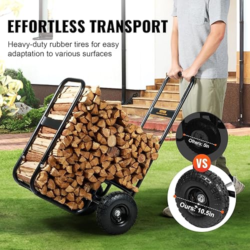 Miniatura 5 de VEVOR Carrito de leña para leña, capacidad de carga de 250 libras, para exteriores e interiores, con ruedas de goma neumáticas, transportador de