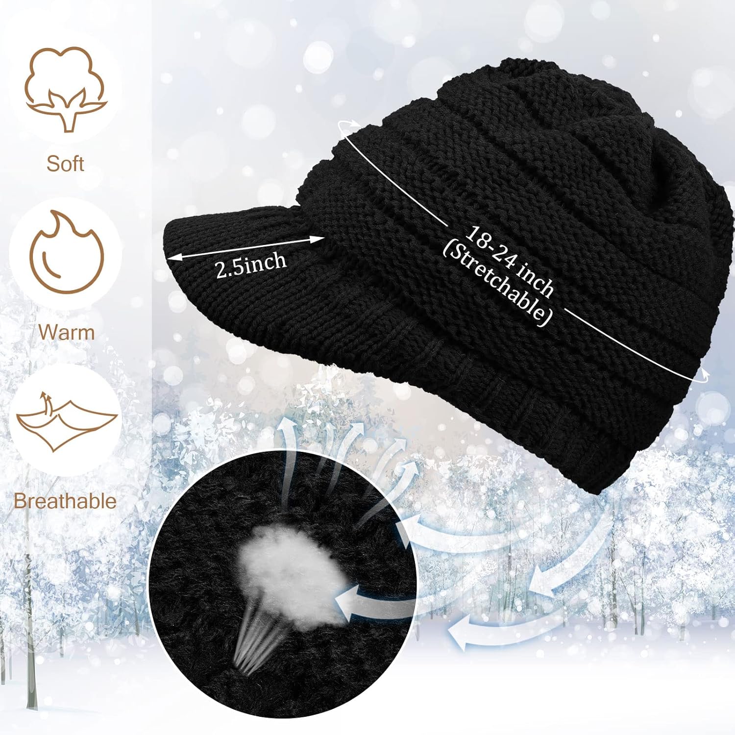 SATINIOR Women Winter Knit Brim Hats for Women Slouchy Beanie with Visor Warm Newsboy Skull Cap (Black, Dark Gray, Khaki, Army Green, 4),One Size at  Women’s Clothing store