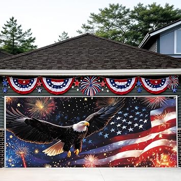 7x16FT Independence Day Garage Door Banner Eagle American Flag Garage Door Cover Decoration for Patriots Party Eagle Flag, 7 * 16