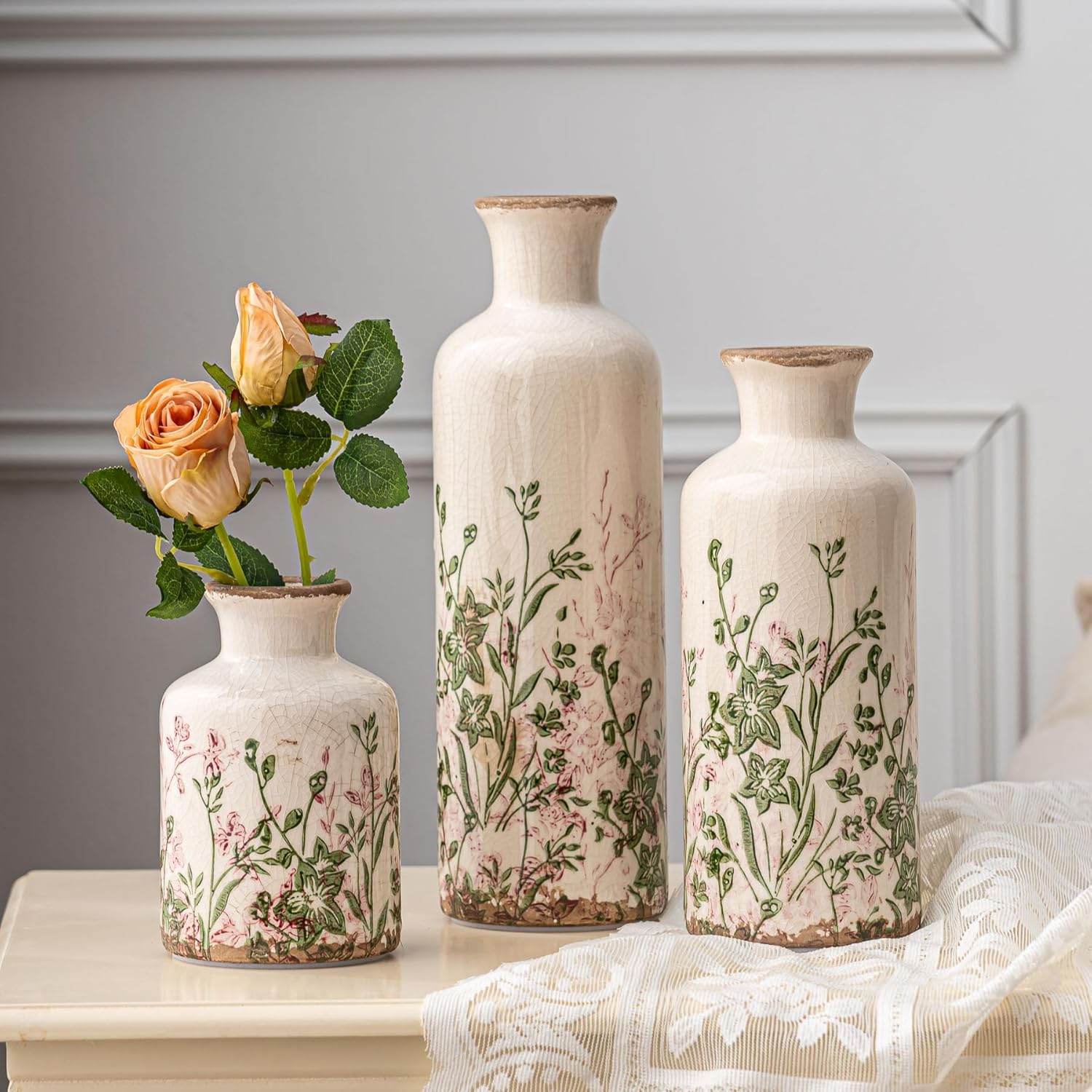 Vintage Floral Ceramic Pitcher Vase with Handle, Farmhouse French Country Vase, Rustic Table Centerpiece, Grandmillennial Tuscan Decor (Pink-008)