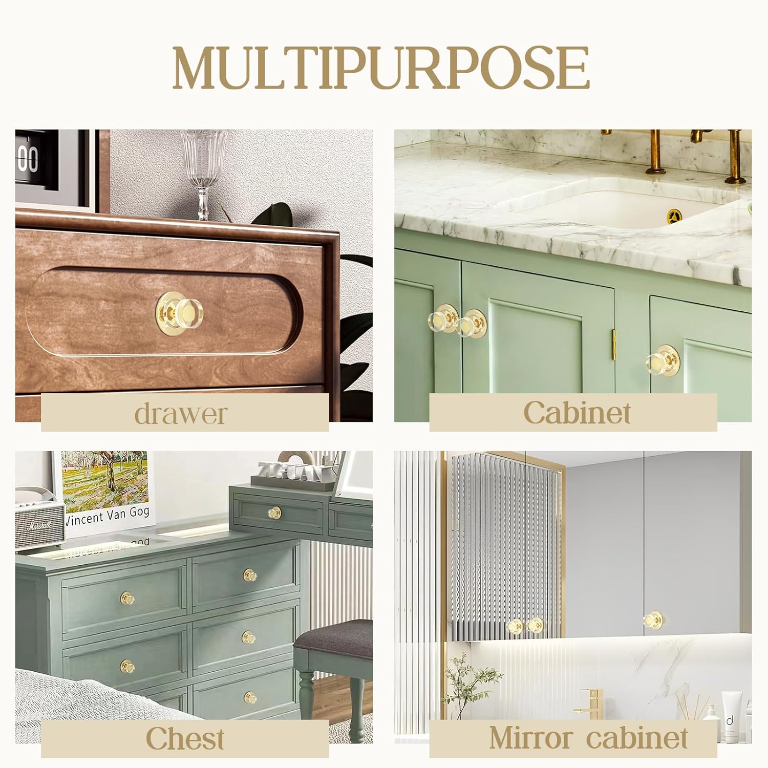 4 Pack Adhesive Knobs Crystal Stick On Drawer Pulls Gold Peel and Stick Cabinet Handles No Drill Cabinet Handles Adhesive Pulls for Mirror Cabinet Dresser Sliding Glass Door Fridge Oven