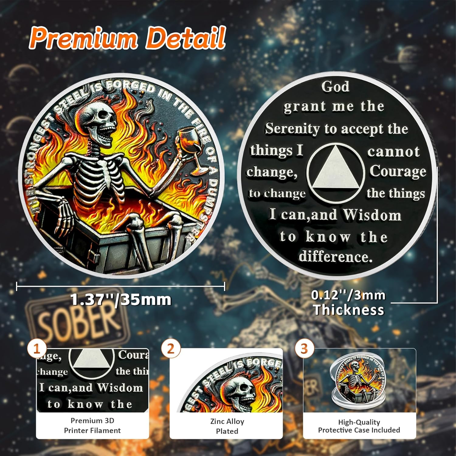 Chill Dumpster Fire Skull Sobriety Coin - The Strongest Steel is Forged AA Coins - Recovery Addiction NA AA Chips and Medallions - Celebrate Clean Narcotics Alcoholics Anonymous Gifts for Men Women - Image 3