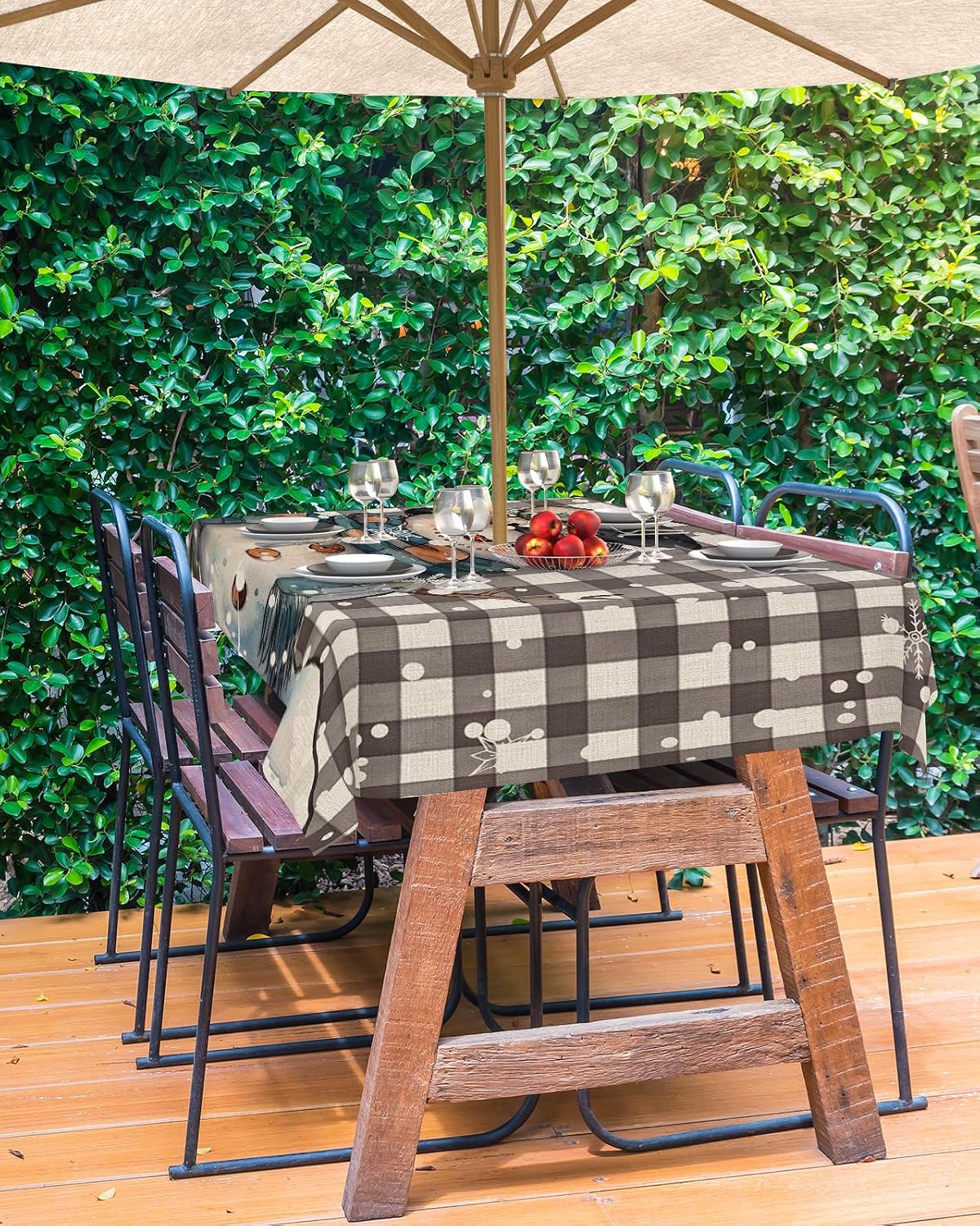 Buffalo Plaid Snowman Outdoor Rectangle Tablecloth with Umbrella Hole 54x80,Wrinkle Free Wipeable Fabric Table Cloth Waterproof Zippered Cover for Camping Picnic Party,Christmas Snowflake Grey Lattice