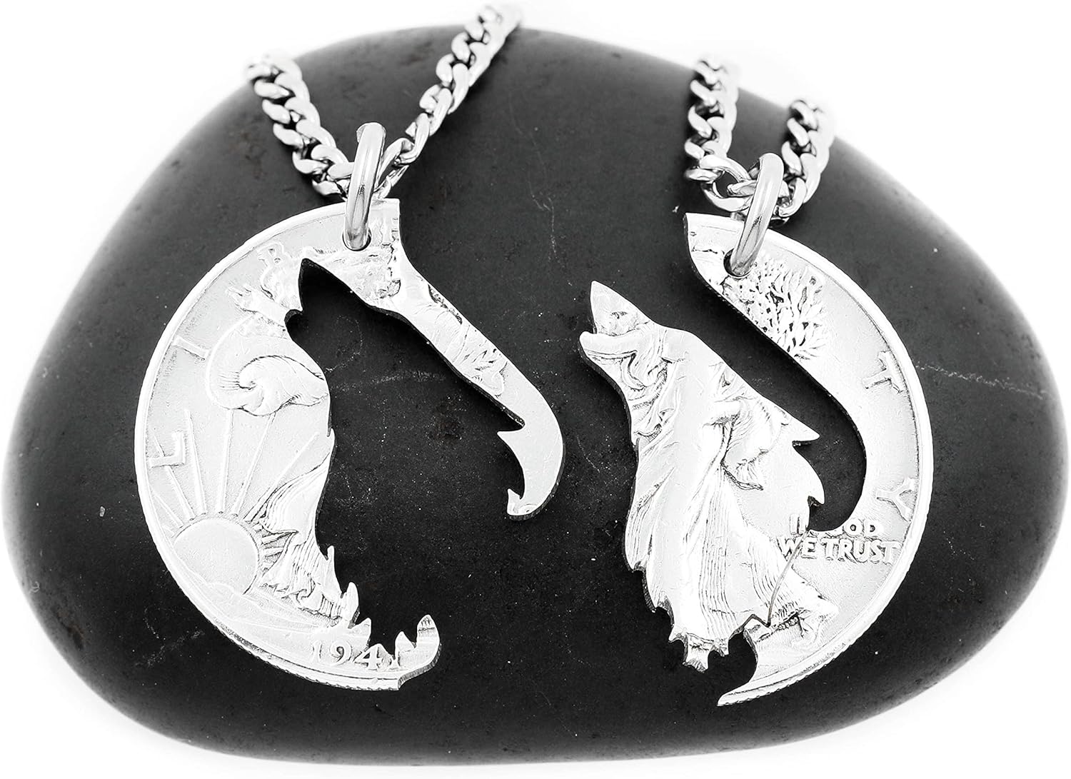 Howling Wolf Necklace, His and Hers Matching Couples Jewelry, Hand Cut Coin, By NameCoins