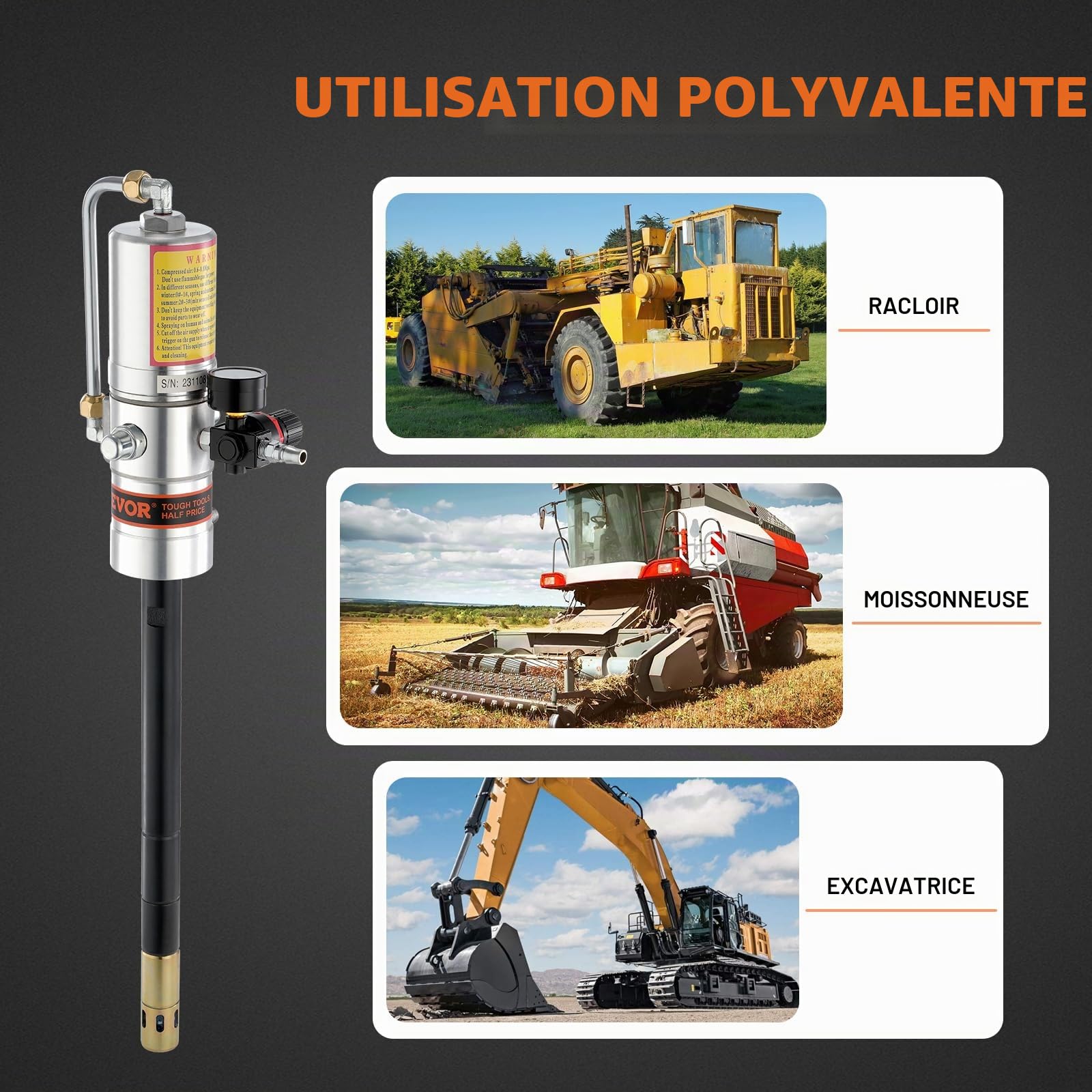 VEVOR Pompe à Graisse Pneumatique Rapport Pression 50:1 Pompe à Seau de Graisse Pneumatique avec Tuyau 4 m et Pistolet à Graisse Pompe à Graisse de Lubrification avec Tête de Pistolet à Graisse 360°