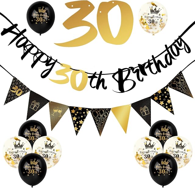 ADXCO 12 Pieces 30th Birthday Decorations Kit Include Black Gold Happy 30th Birthday Banner, Triangle Flag Banner and Confetti Latex Balloons for Party Decoration Birthday Party Supplies