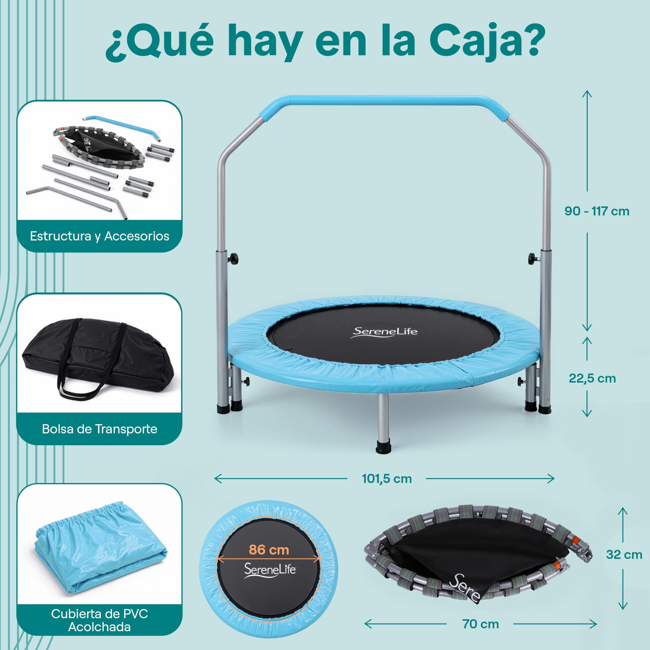 SereneLife trampolin Mini Plegable, Cama Elastica, Fitness, Compacto para niños y Adultos, Rebounder de Ejercicio, Asa de Espuma