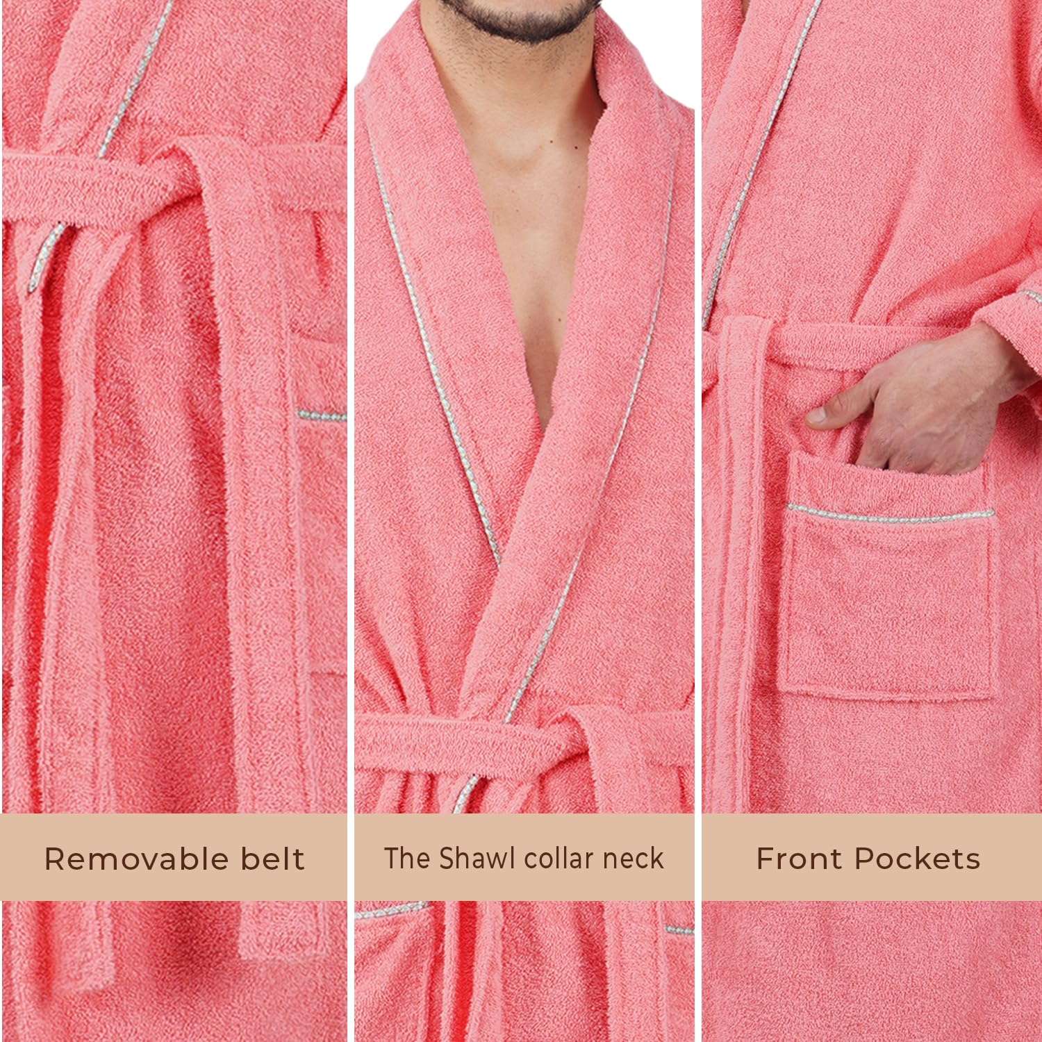 Rangoli Sunshine 100% Cotton Bathrobes For Men - Coral | 500 GSM Ultra-soft & Lightweight Bath Robe With Rope | Highly Absorbent Luxurious Bath Gown Robe For Man | After Bath Robe - Free Size - Image 6 thumbnail