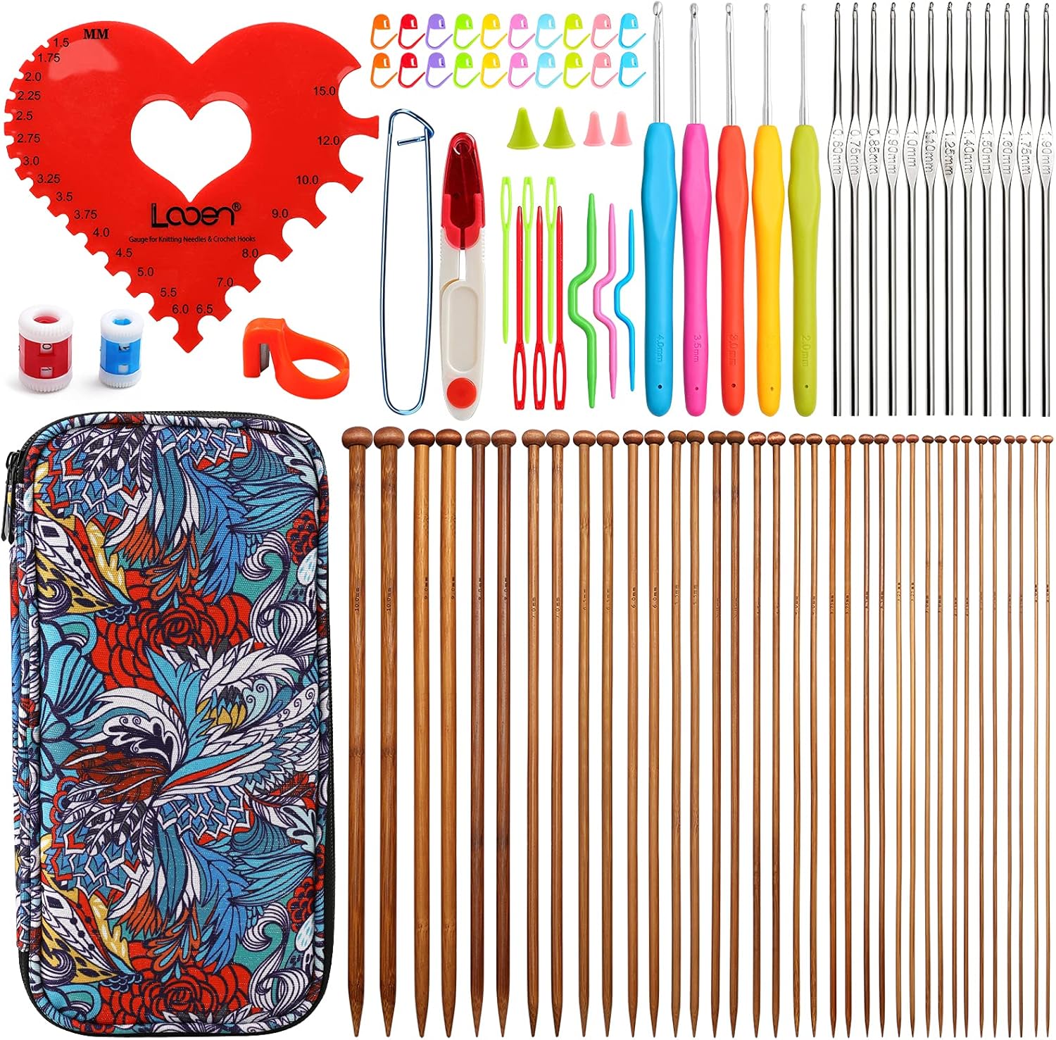 LOOEN Knitting Kit Bamboo Knitting Needles Kit 36 Pcs Single Pointed Bamboo Knitting Needles 2.0mm-10.0mm Knitting Kits with Case (Flower)