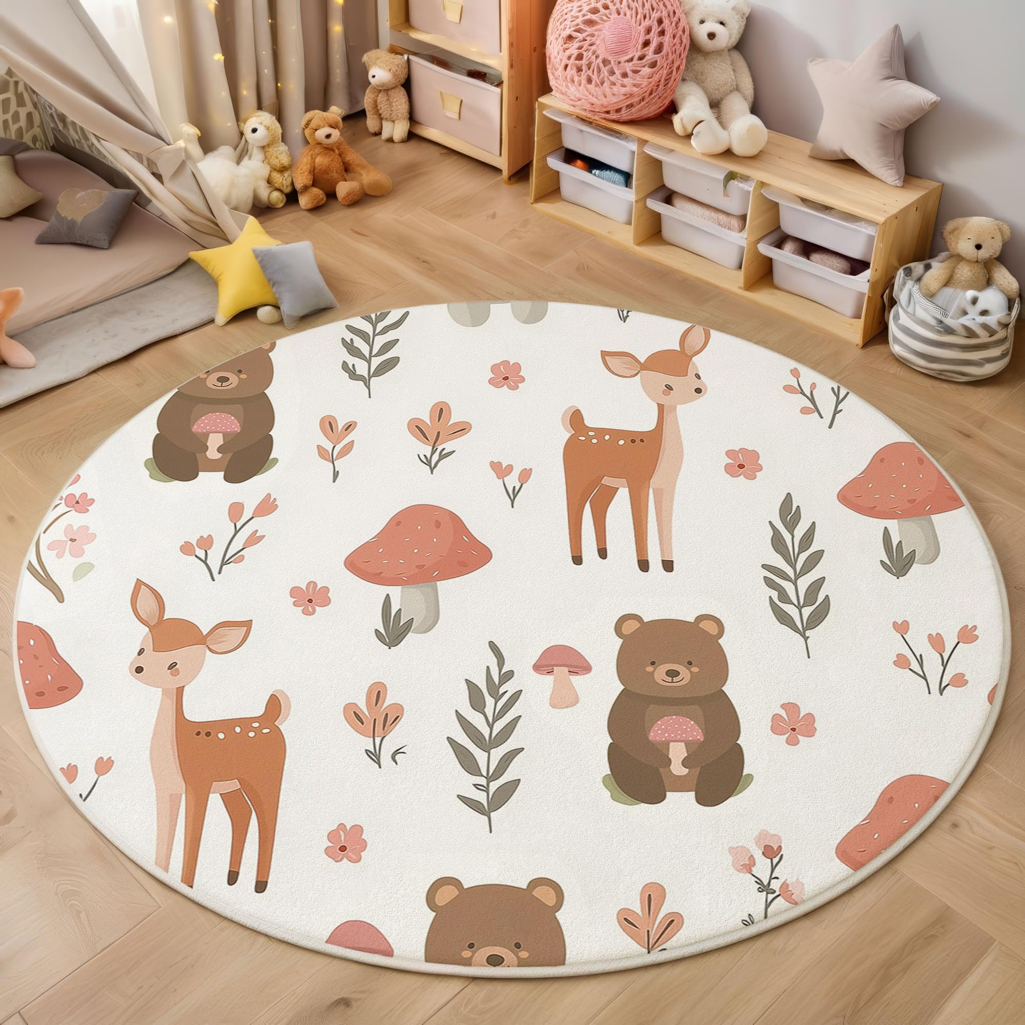 Kinder Teppich rund 120cm – Waschbar & rutschfest | Waldtiere Bären-Hirsch-Pilz für Jungen & Mädchen – Kinderzimmer, Babyzimmer, Wohnzimmer – Orange-rosa