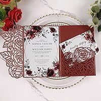 Maffily 50pcs Burgundy Laser Cut Rose Tri-Fold Wedding Invitations with Envelopes & RSVP Cards - 5x7 Elegant DIY Kit