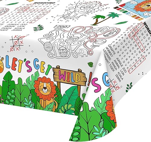 Miniatura 4 de Gatherfun Paquete de 2 manteles de papel para colorear con temática de selva de safari, cubierta de mesa de actividades interactiva para fiestas de