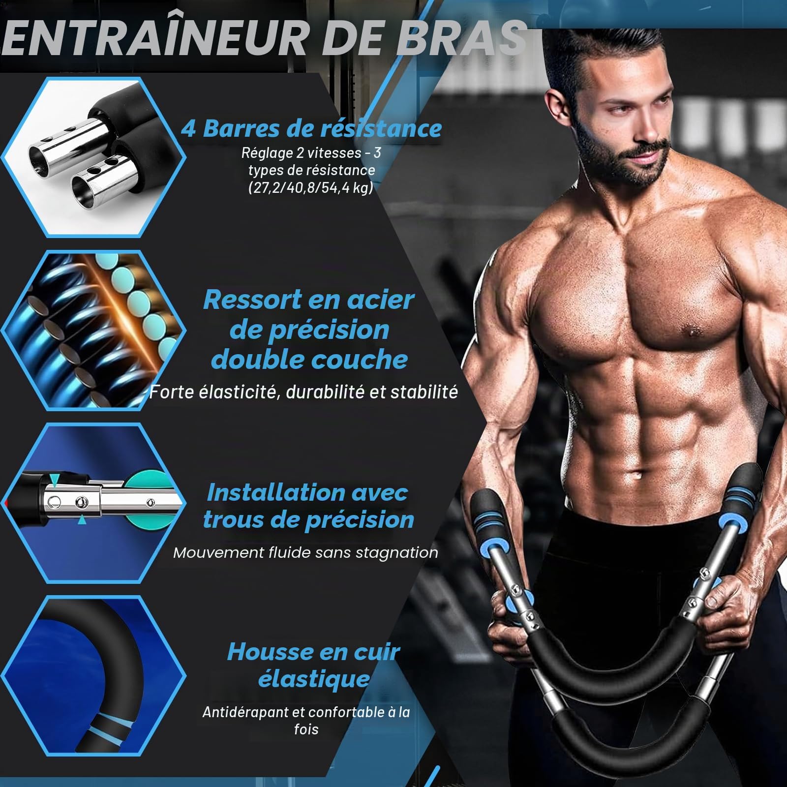 Musculation Bras Torsadés Réglable 66 à 110 lbs, Pectoraux Musculation Détachable, Musculation Avant Bras,Extenseur de Poitrine pour Lexercice des Epaules, Bras et Poitrine