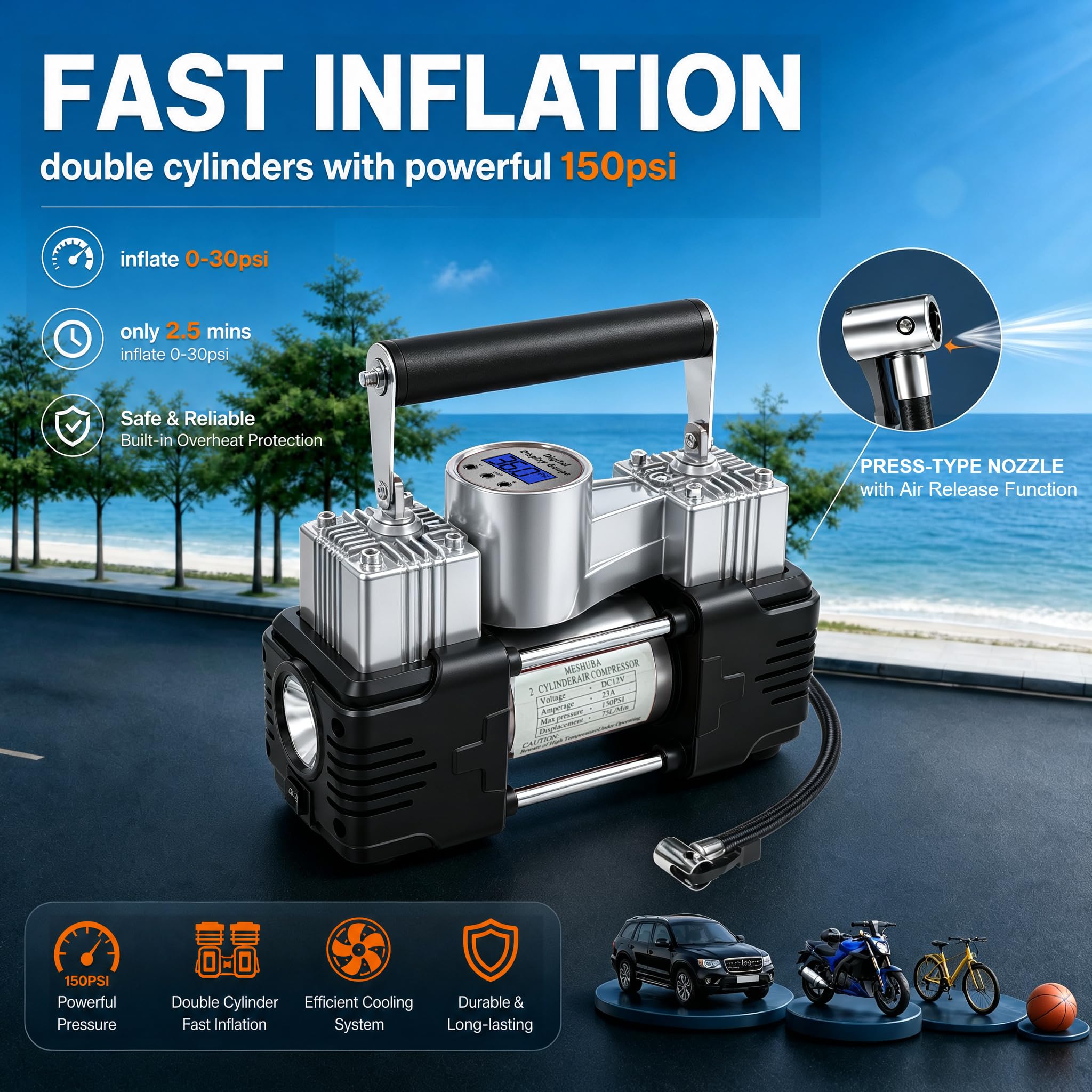 Compressore d'aria portatile a doppio cilindro, 150 psi, 12 V, con display digitale, luce LED, spegnimento automatico, accessori fuoristrada, resistente, per camion, SUV, auto, camper (argento