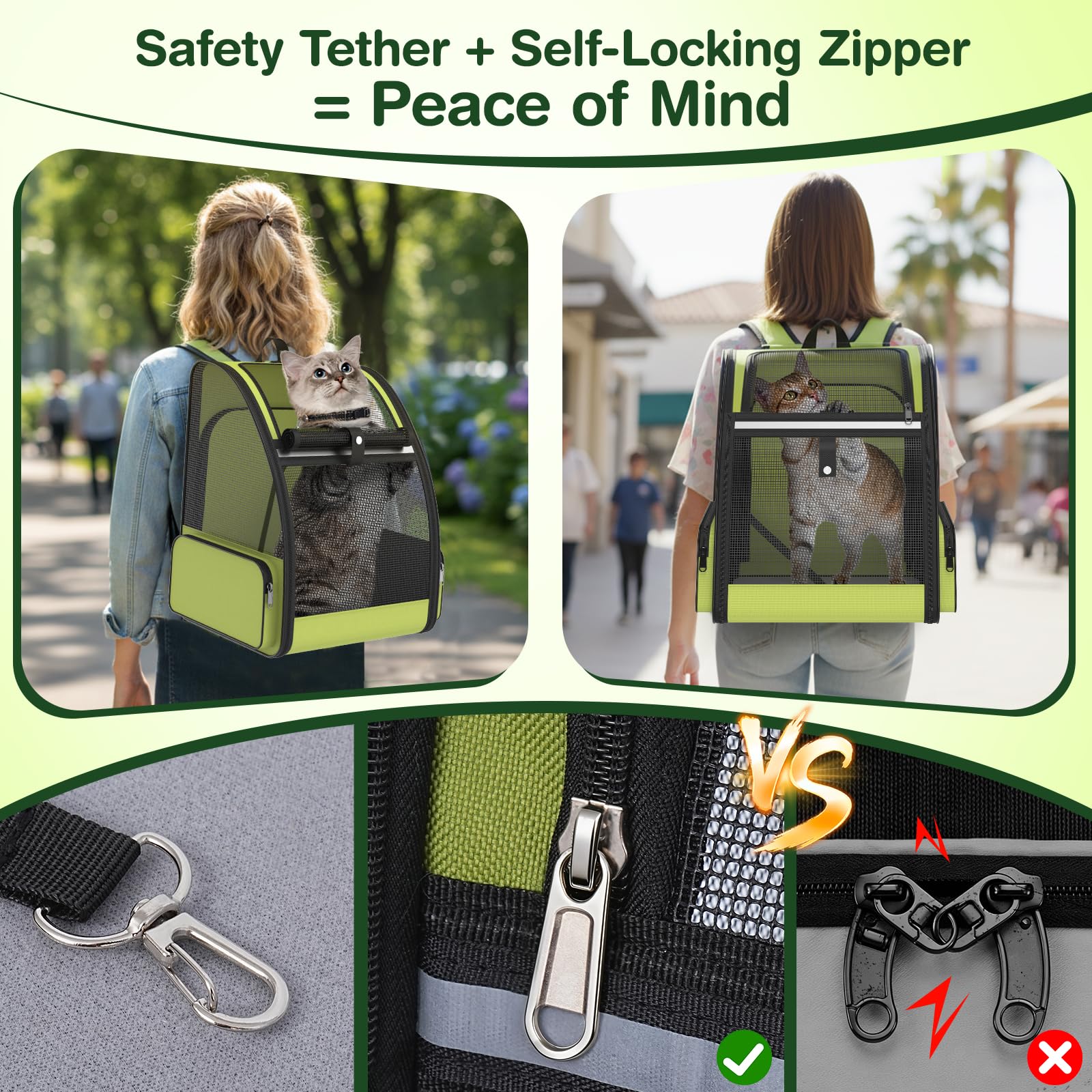 Sac à dos de transport pour chat pour voyage et randonnée : extensible, pliable, respirant, maille douce, design ergonomique pour petit chien, chiot et chaton jusqu'à 6,8 kg, vert