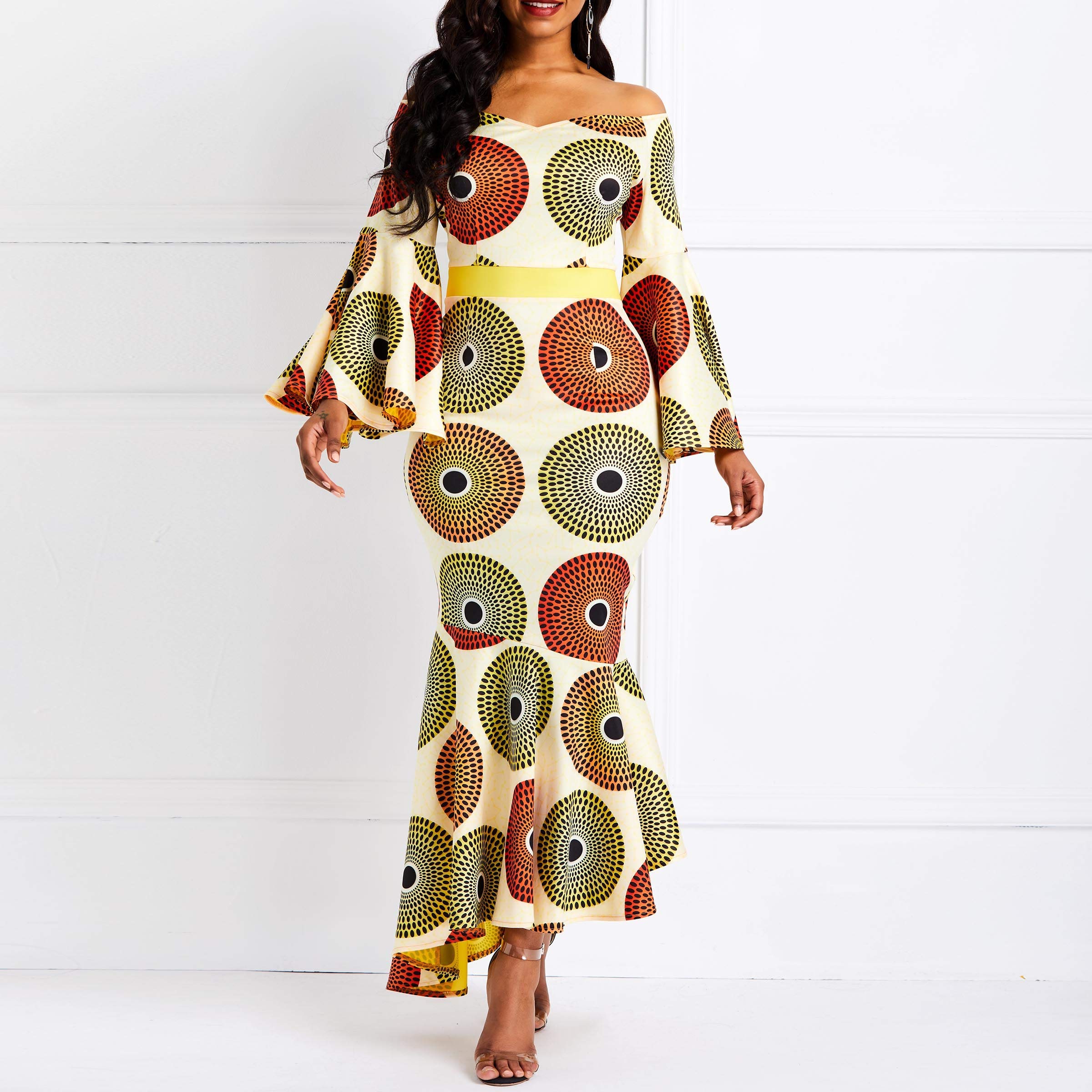 VERWIN Robe Moulante pour Femme a Volants a Manches Longues Imprimer Maxi Dress Wrap Party Dress Robe Longue