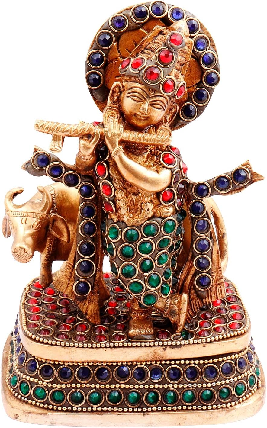 Purpledip Brass Statue Lord Krishna & Cow: Rare Idol with Glittering Semi-Precious Stones | Hindu Religious Gift (11450)