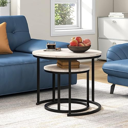 Miniatura 4 de BOFENG Mesa auxiliar redonda industrial para sala de estar, pequeña mesa de centro de madera rústica con marco de metal resistente, juego de 2 mesas