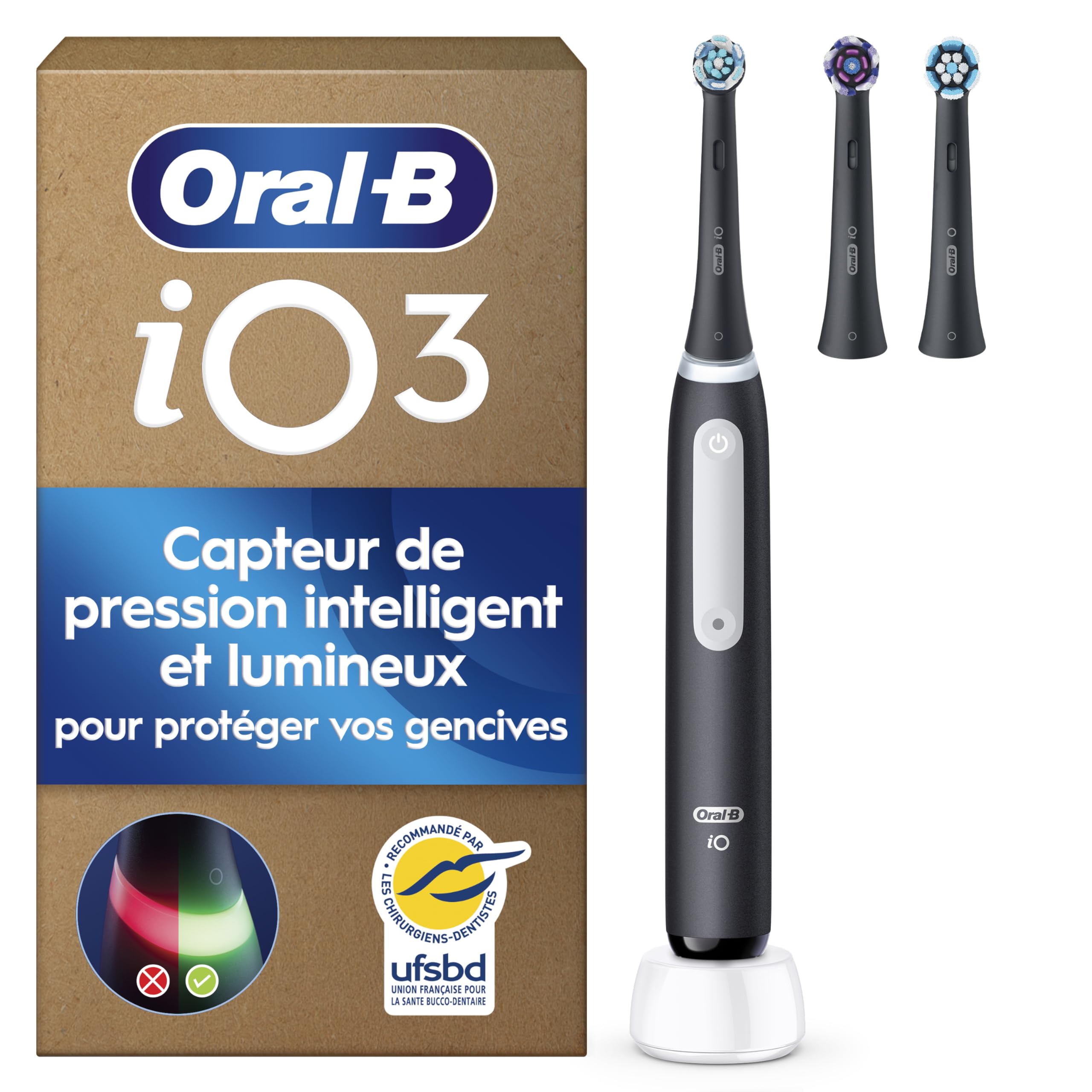 Oral-B Brosse à Dents Electrique iO 3, 3 Brossettes de Rechange, Noire – 3 Modes de Brossage Silencieux dont Douceur et Blancheur, Capteur de Pression sur les Gencives, Batterie Rechargeable