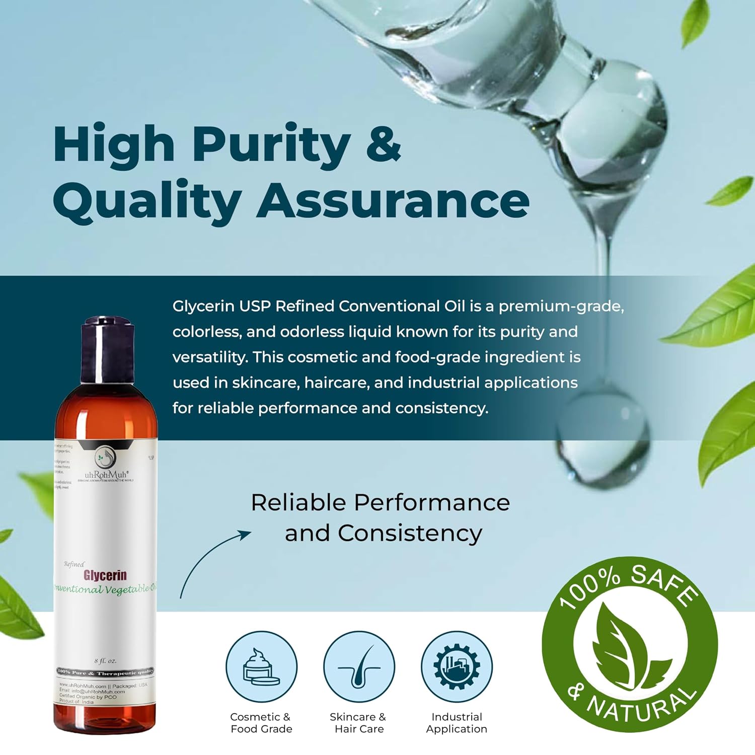 Glycerin USP Refined Conventional Oil | Pure Vegetable Glycerin for Cosmetic, Food, and Personal Care Applications | For Soap, Lotion, and Hair Care Formulations | Clear and Odorless Liquid - 8 Fl Oz