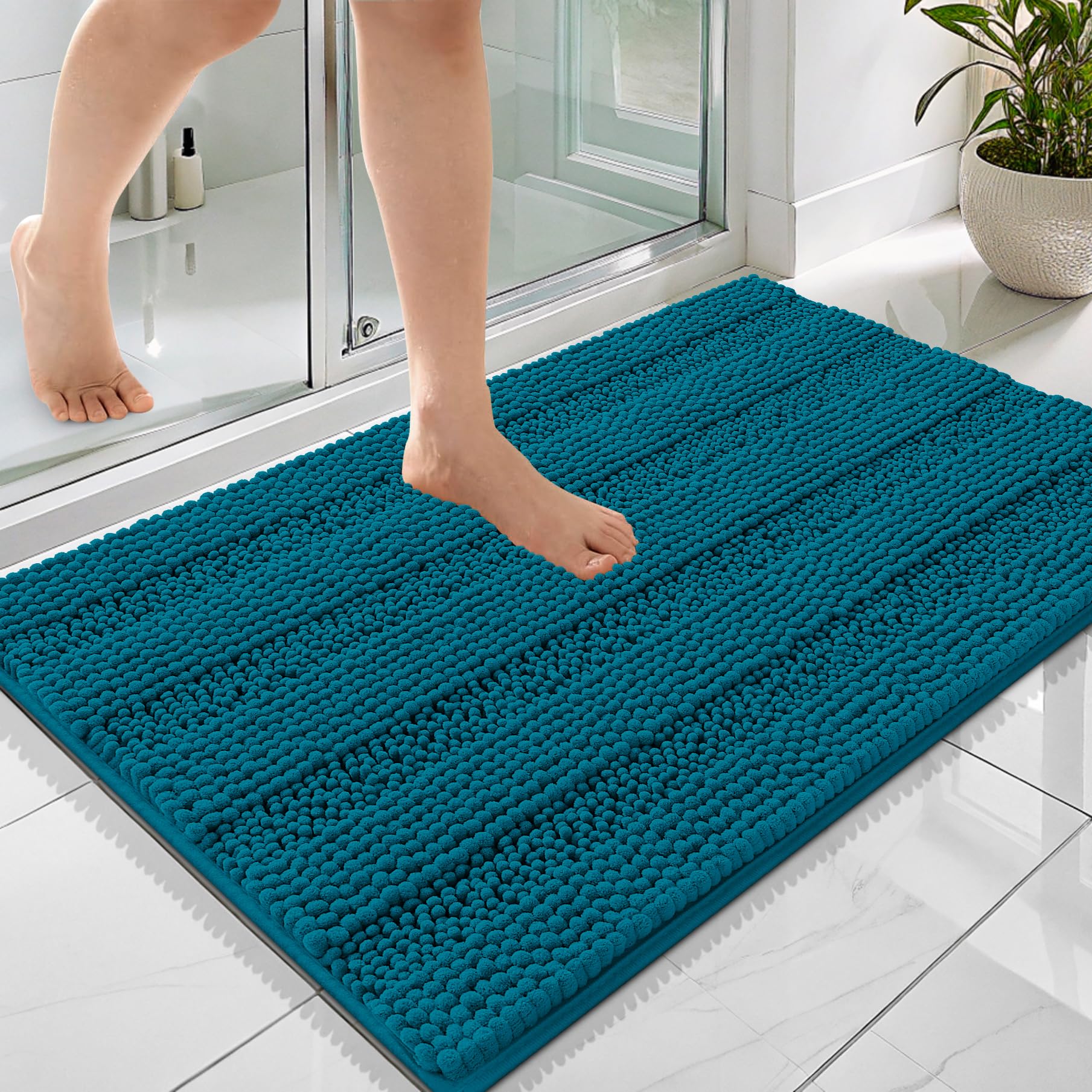 OLANLY Thick Bathroom Rugs 36x24, Chenille Striped Bath Rugs, Peacock Blue