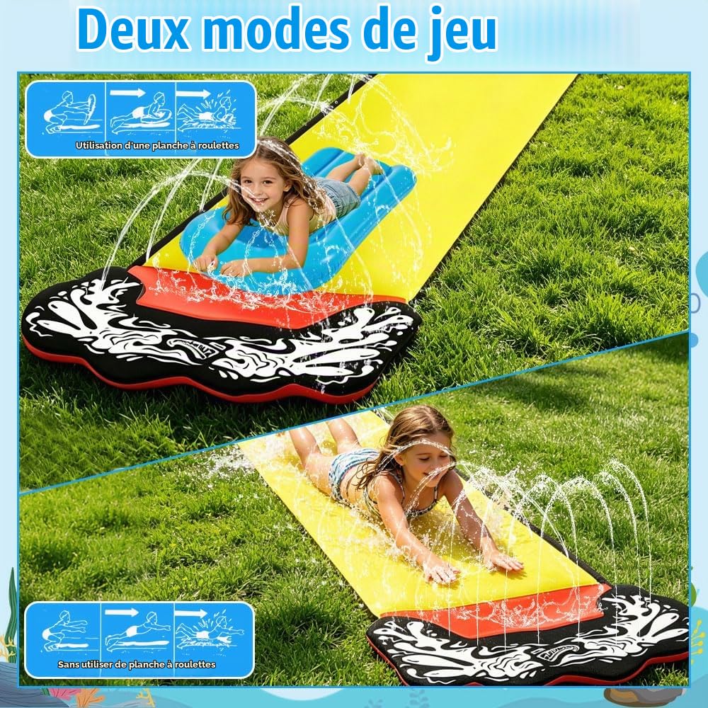 Toboggan Aquatique, 480 x 70cm Toboggan pour Pelouse, Tapis de Glisse Eau Enfant avec Arroseur D'éclaboussures, 2 Planches Gonflables, pour Pelouse et Jeux d'eau en Extérieur (Jaune)