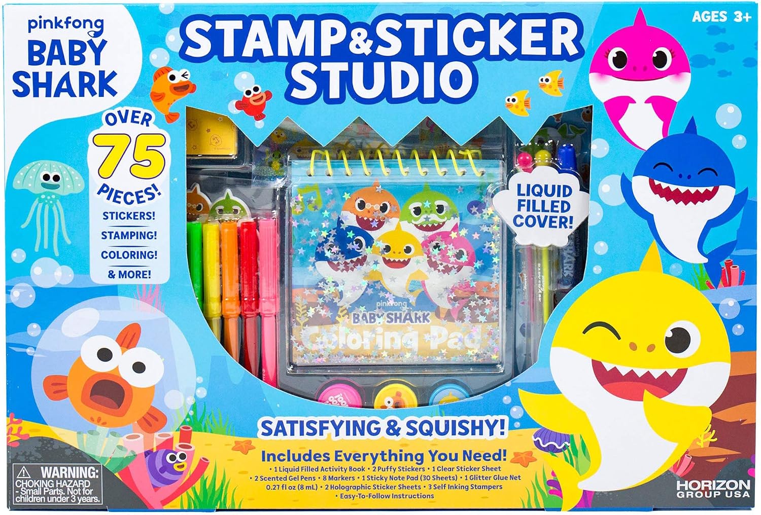 Baby Shark 99351 Stamp & Sticker by Horizon Group USA Includes Colored Markers, Sticker Sheets, Puffy Stickers, Self-Ink Stampers, Liquid Filled Activity Book Glitter Glue & More, Multi