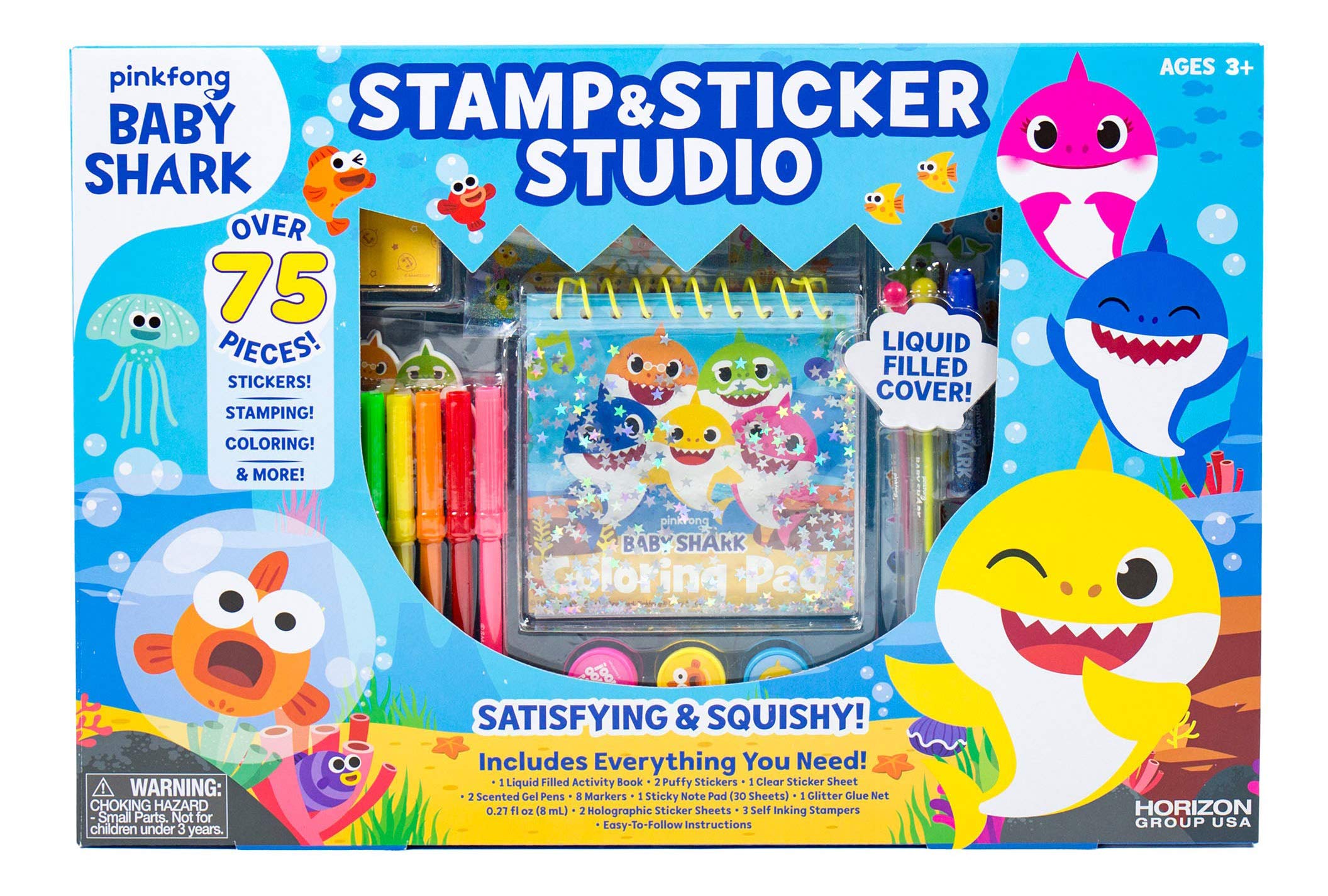 Baby Shark 99351 Stamp & Sticker by Horizon Group USA Includes Colored Markers, Sticker Sheets, Puffy Stickers, Self-Ink Stampers, Liquid Filled Activity Book Glitter Glue & More, Multi