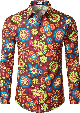 JOGAL Mens 70s Disco Floral Dress Shirt Long Sleeve Button Down Shirts | 70s Outfits for Men, Paisley Shirt, Daily Wear, Casual, Pattern, Retro, Hippie, 70s Theme Party, Halloween, Disco Night