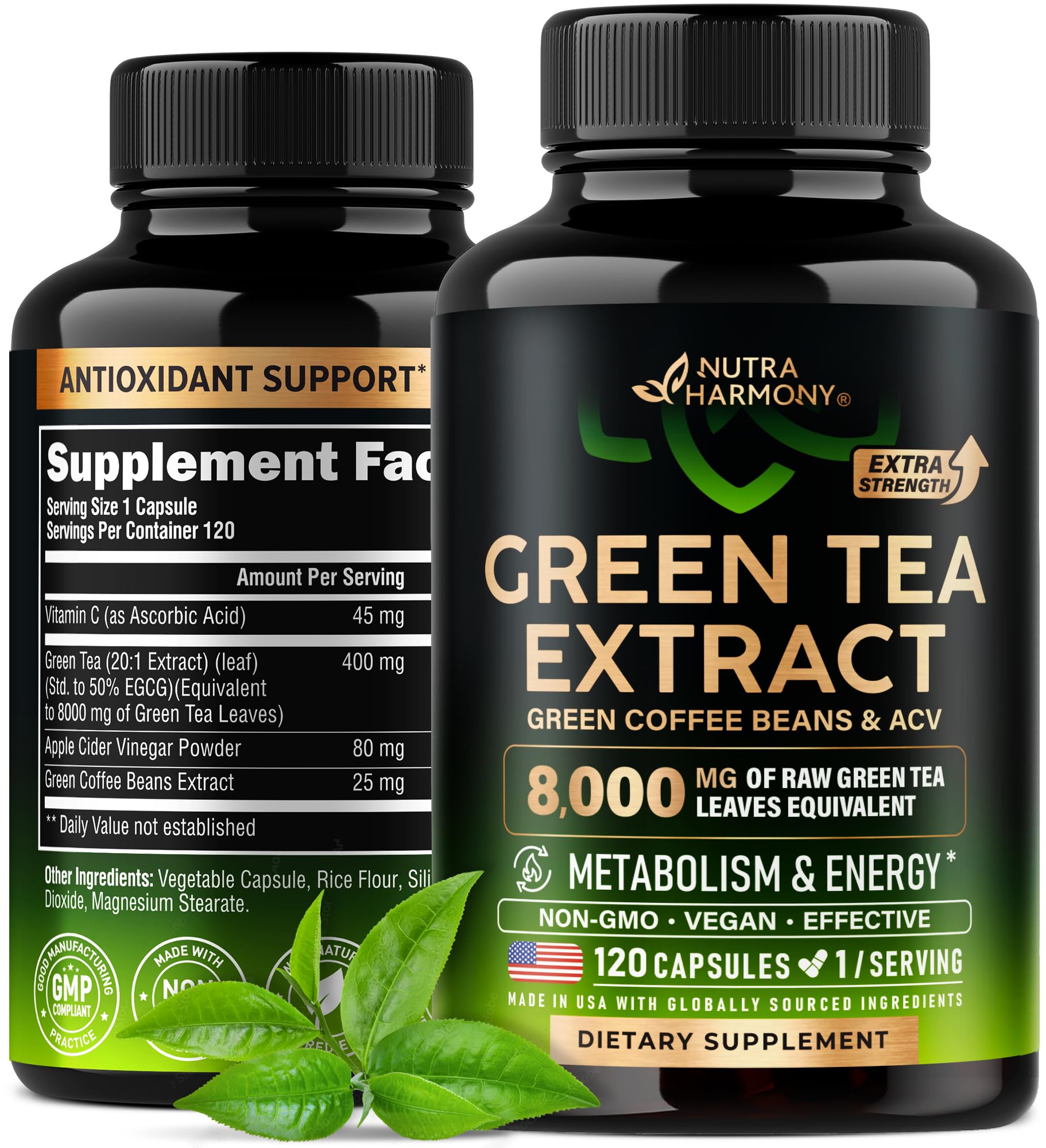 Green Tea Extract Capsules with Green Coffee Beans & Apple Cider Vinegar - Energy & Metabolism Support - Green Tea Supplement 50% EGCG - 20:1 Natural Extract - for Men & Women - 120 Vegan Capsules